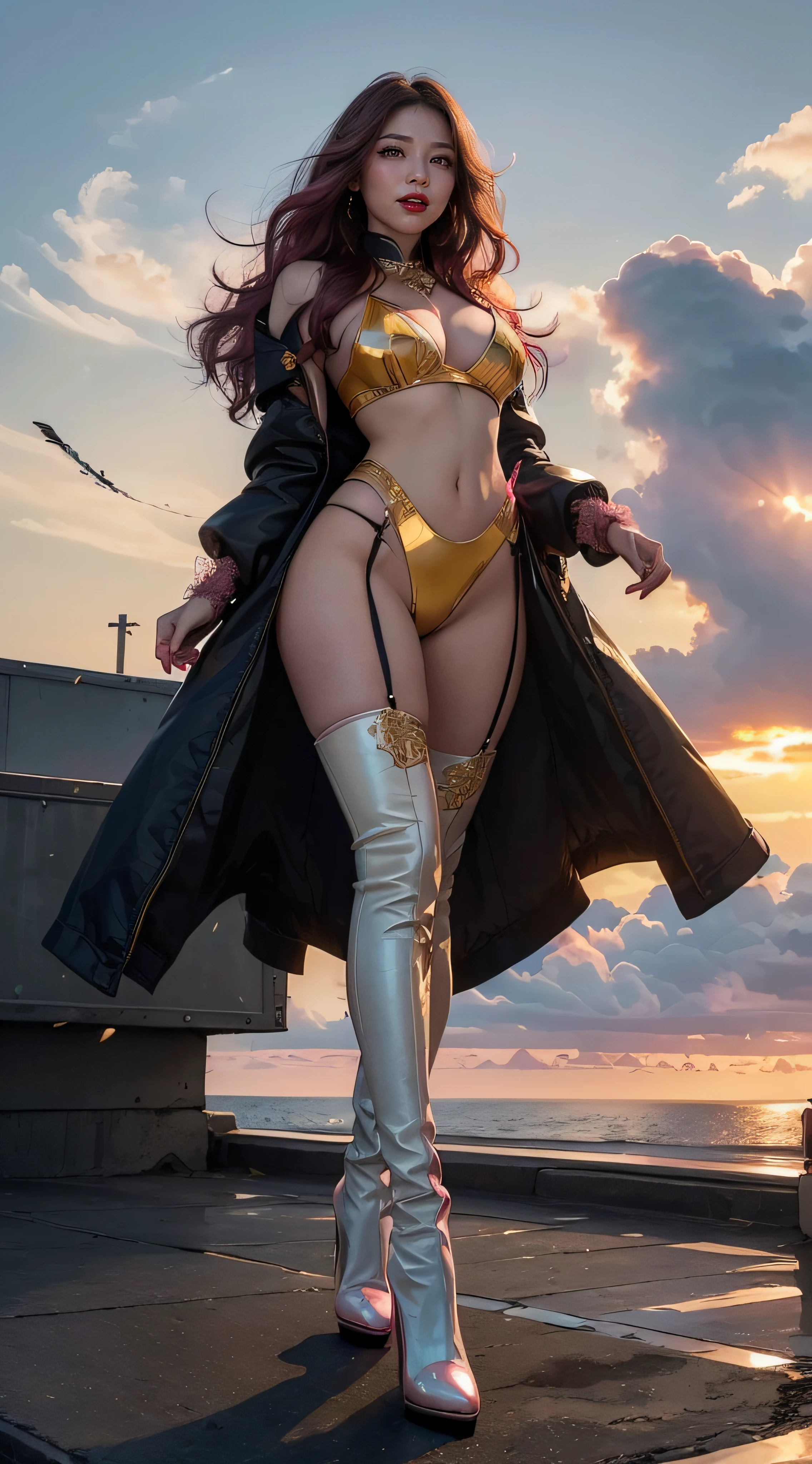 detailed woman face looking at the camera, dark-brown eyes, (((almond eyes))), hot (((thick red lips))), mouth open with sensuality, correct deformed fingers, photorealistic, (((eyes to the camera))) slightly smiling, (((pink strands in her hair))), (((Asian face)))