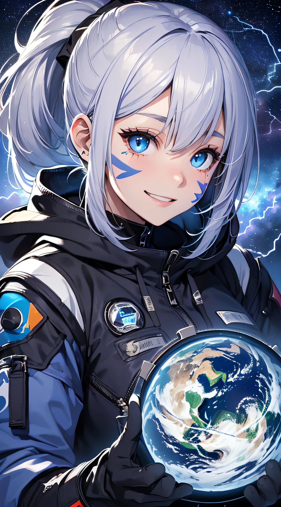 top-quality、Top image quality、masterpiece、girl with((18year old、Best Bust、big bast,Beautiful blue eyes、Breasts wide open, Silver-haired ponytail、A slender,Large valleys、Wearing a hood,Black spacesuit、blue lightning face paint、Grinning face、piece sign、Floating in the air)),hiquality、Beautiful Art、Background with((Beautiful night sky、shooting stars、comets、stele々、Inside the space station、Giant monitor(earth footage))))、,masutepiece、visualart、depth of fields、