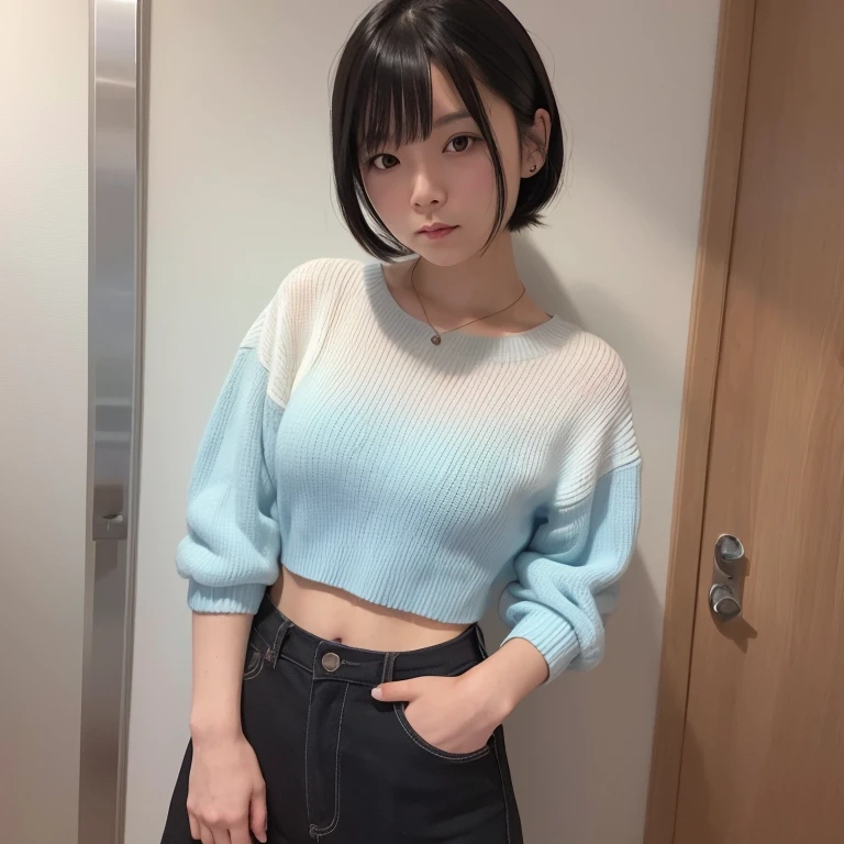 1girl in, 20yr old, gradient, up looking_で_viewer, Black_hair, Solo by JM, Yoshiko Akishino, Shorthair