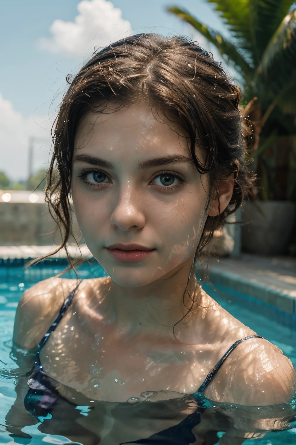 (a girl swims underwater in a pool, rotes lockiges Haar),Illustration,Summer atmosphere,beautiful detailed eyes,Beautiful, detaillierte Lippen,Extrem detailliertes Gesicht,lange Wimpern,Reflexionen von sprudelndem Wasser,erfrischendes blaues Poolwasser, best quality,hight resolution,Ultra-detailliert,realistisch,Sommerstimmung,Lebendige Farben,Warmes Sonnenlicht