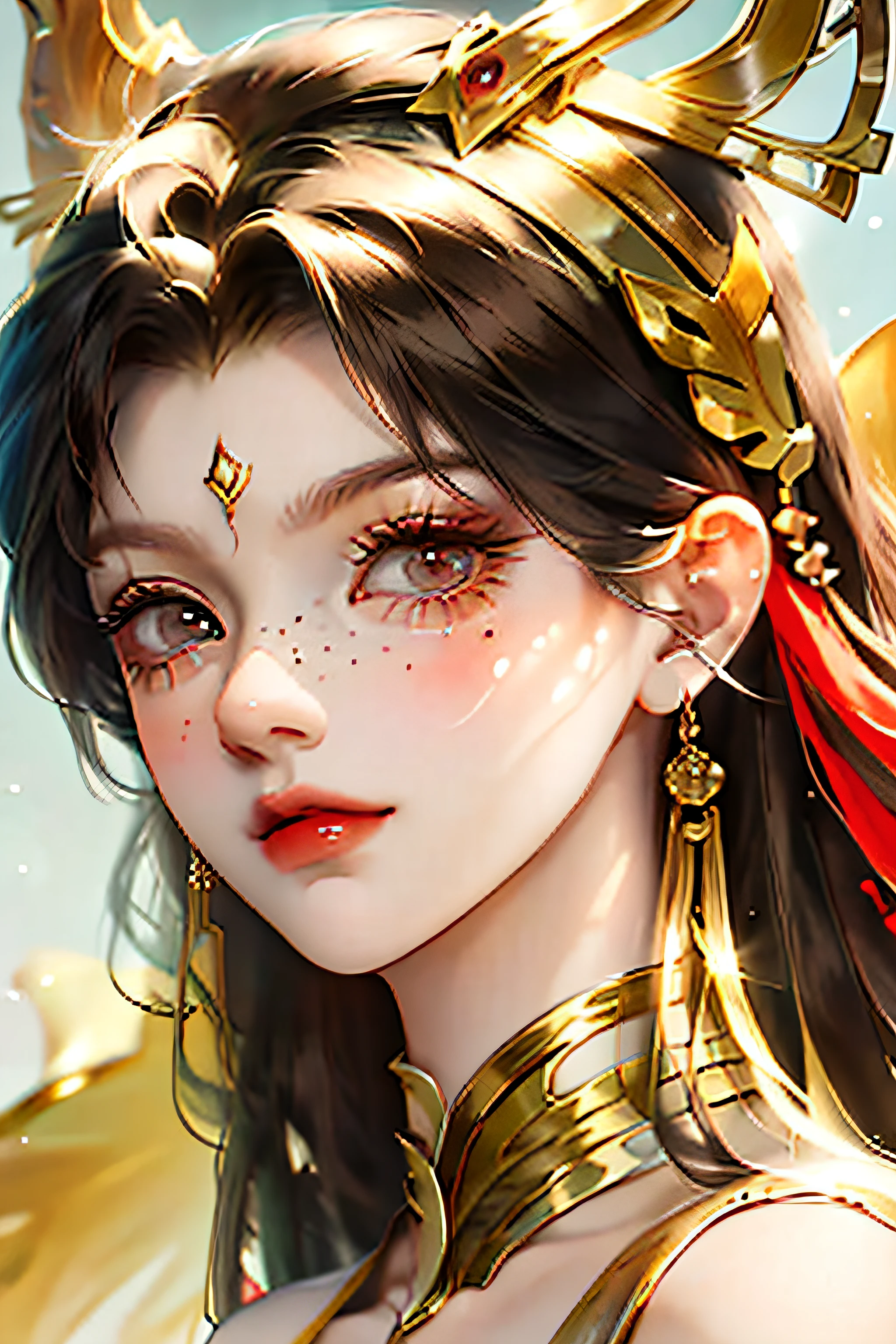 tmasterpiece, Best quality at best, {Best quality at best}, {{tmasterpiece}}, {A high resolution}, focal point, style of anime, Cartoon close-up of a woman, Girl design, sportrait, Gisha, anime image, long whitr hair, brunette color hair, Looking directly at, Hair covers the ears, Polished and powerful look, exotic, tall, freckle, cheerfulness, Classic costumes, Colorful, colours