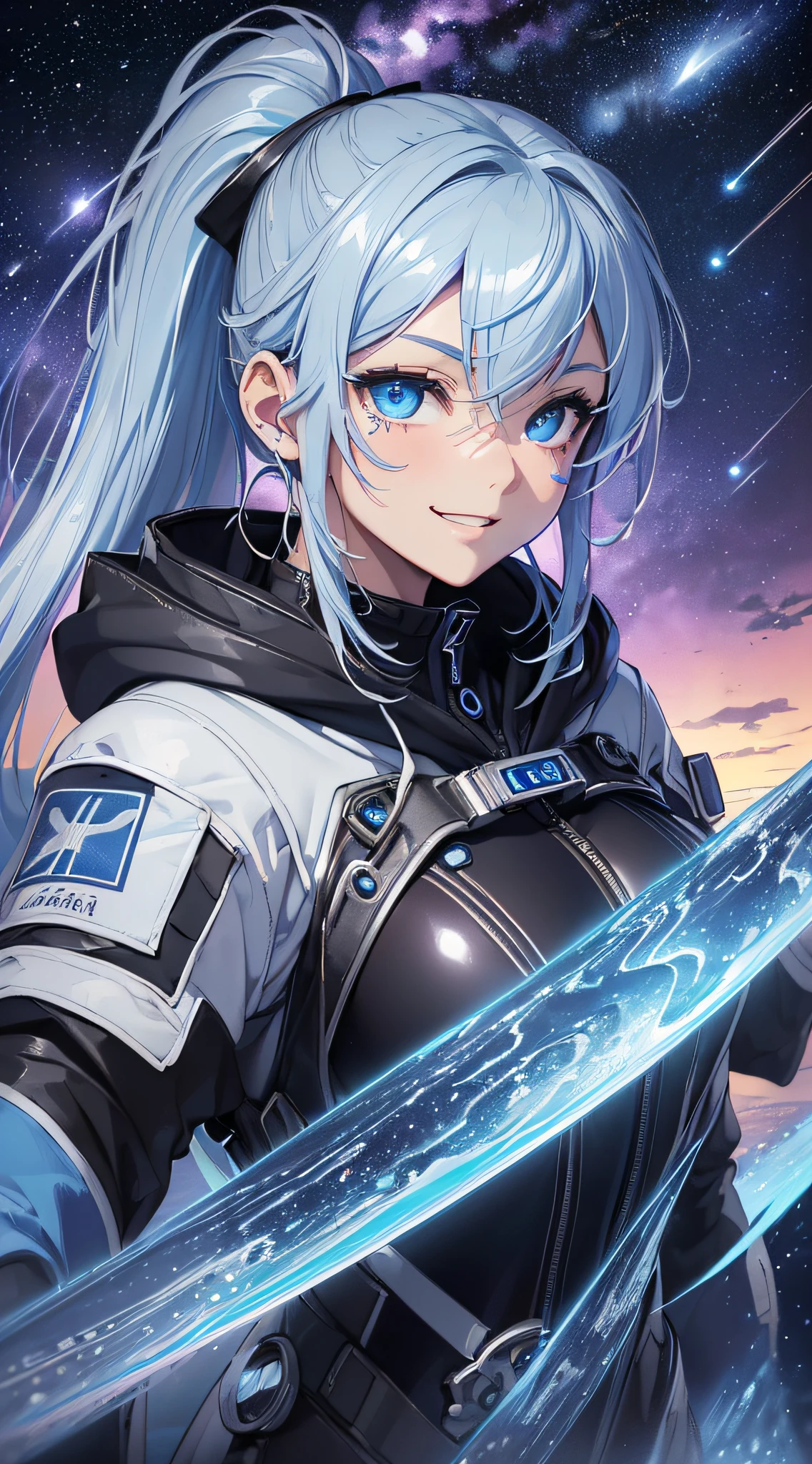 top-quality、Top image quality、masterpiece、girl with((18year old、Best Bust、big bast,Beautiful blue eyes、Breasts wide open, Silver-haired ponytail、A slender,Large valleys、Wearing a hood,Black spacesuit、blue lightning face paint、Grinning face、piece sign、floating state)),hiquality、Beautiful Art、Background with((Beautiful night sky、shooting stars、comets、stele々、Inside the space station、Giant monitor(earth footage))))、,masutepiece、visualart、depth of fields、