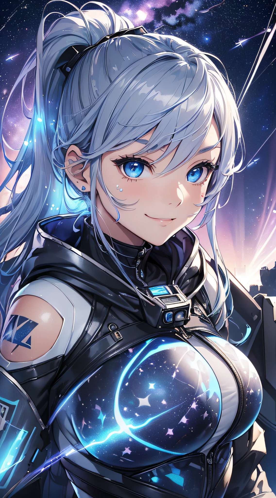 top-quality、Top image quality、masterpiece、girl with((18year old、Best Bust、big bast,Beautiful blue eyes、Breasts wide open, Silver-haired ponytail、A slender,Large valleys、Wearing a hood,Black space suit Blue heart face paint、weightless)),hiquality、Beautiful Art、Background with((Beautiful night sky、shooting stars、comets、stele々、Inside the space station、Giant monitor(earth footage))))、,masutepiece、visualart、depth of fields、