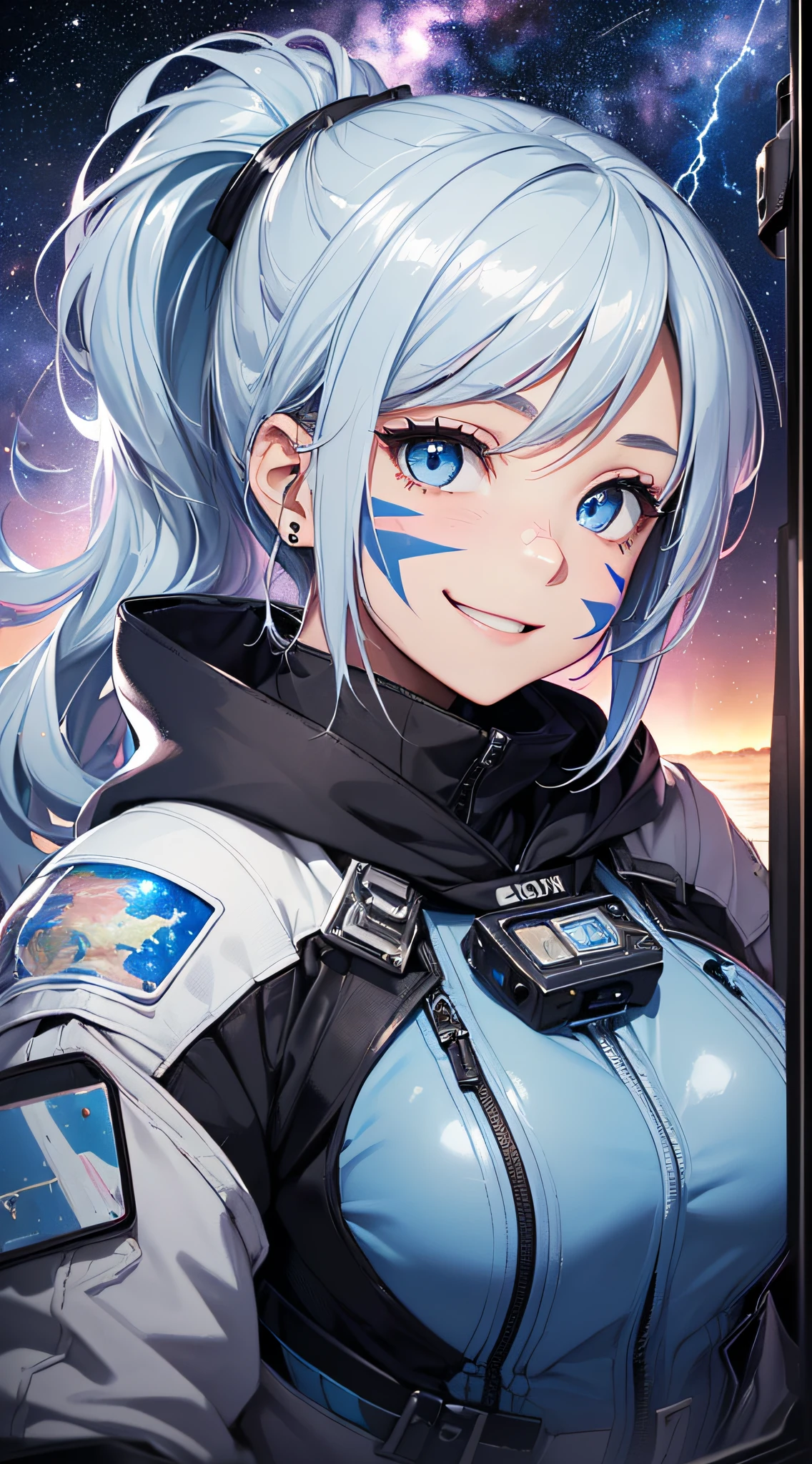 top-quality、Top image quality、​masterpiece、girl with((18year old、Best Bust、big bast,Beautiful blue eyes、Breasts wide open, Silver-haired ponytail、A slender,Large valleys、Wearing a hood,Black spacesuit、blue lightning face paint、Grinning face、piece sign、floating state)),hiquality、Beautiful Art、Background with((Beautiful night sky、shooting stars、comets、stele々、Inside the space station、Giant monitor(earth footage))))、,masutepiece、visualart、depth of fields、