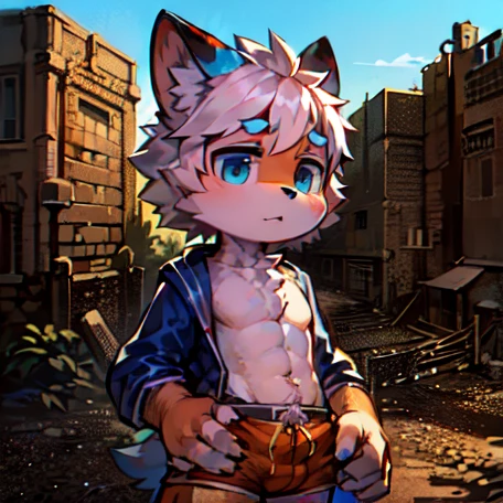 The eyes are bright, in a panoramic view, Character Focus Solo, shaggy, Furry male cat, Pan&#39;Yellow and white fur, blue color eyes, White hair(long），Wear orange shorts and shorts，CasualClothing，Young style，height of one meter seven，Handsome， has a tail，human character,hairy pubic hair,(Digital media \(a work of art\):1.2),(Hello，It's nothing,Ridiculous resources:1.2),perfect anatomia,Anatomically correct,Detailed pubic hair,Detailed pubic hair face,詳細な目,(Fur,Delicate fur:1.25),detailedbackground,amazing background,cartoon