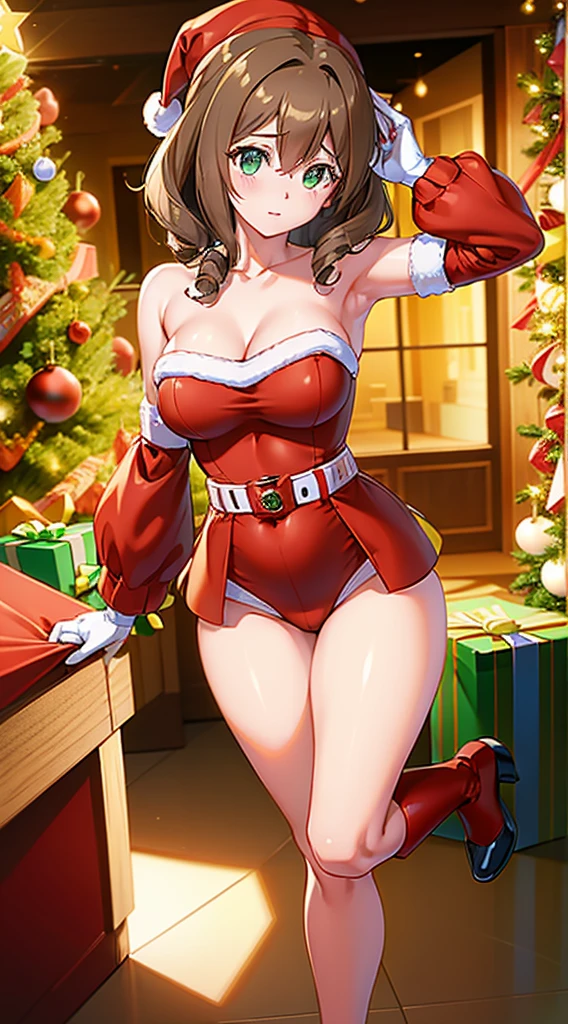 masterpiece, best quality, 1 solo girl, rosie brown hair, green eyes, short hair, wavy hair, Christmas ornaments, medium breasts, mature body and face, red santa dress, christmas, christmas light, christmas tree, red gloves, red santa skirt, holding gift, red bra, red panty, leg up, cowboy shots, sexy pose, dakimakura, detailed body, face, and eyes, sharp focus, vibrant, creative, dynamic, high definition, high resolution, 8k, (Upscale: R-ESRGAN 4x+ Anime6B), (Image enchance:4x), voluptuous body, twin drills