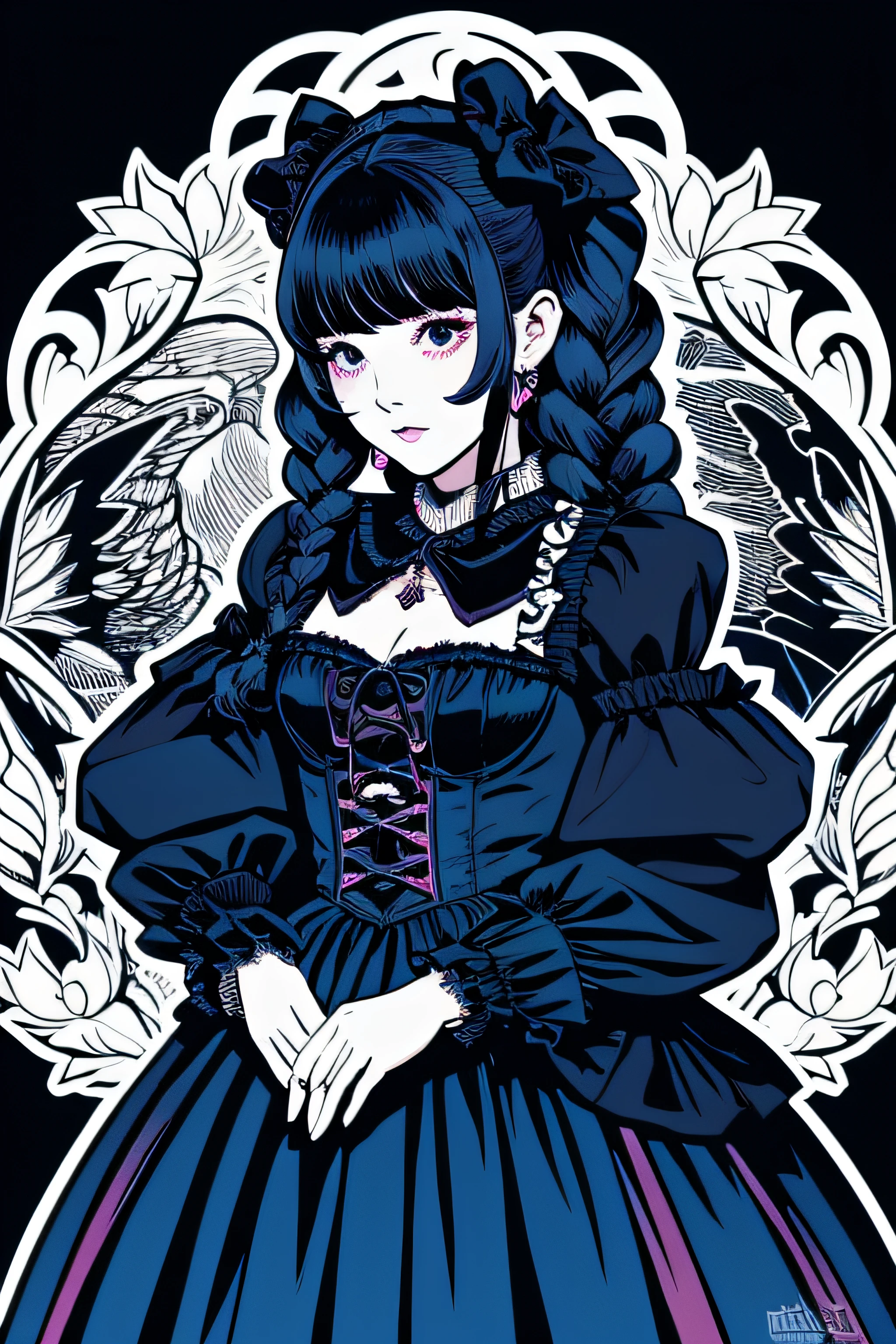 Beautiful Hardcore Illustration homepage illustration style, dark, high resolution, hard touch illustration, strong outline, two girls, gothic & ta style, gothic & loliashion, 8k, American comic style, colorful background, Hiroyuki Nagasaka, aggressive, beautiful face, cool beauty, dress, beauty style, blue color, battle, Hard illustration, right blue hear,