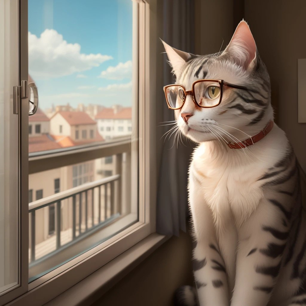A cat wearing glasses, a window, a balcony