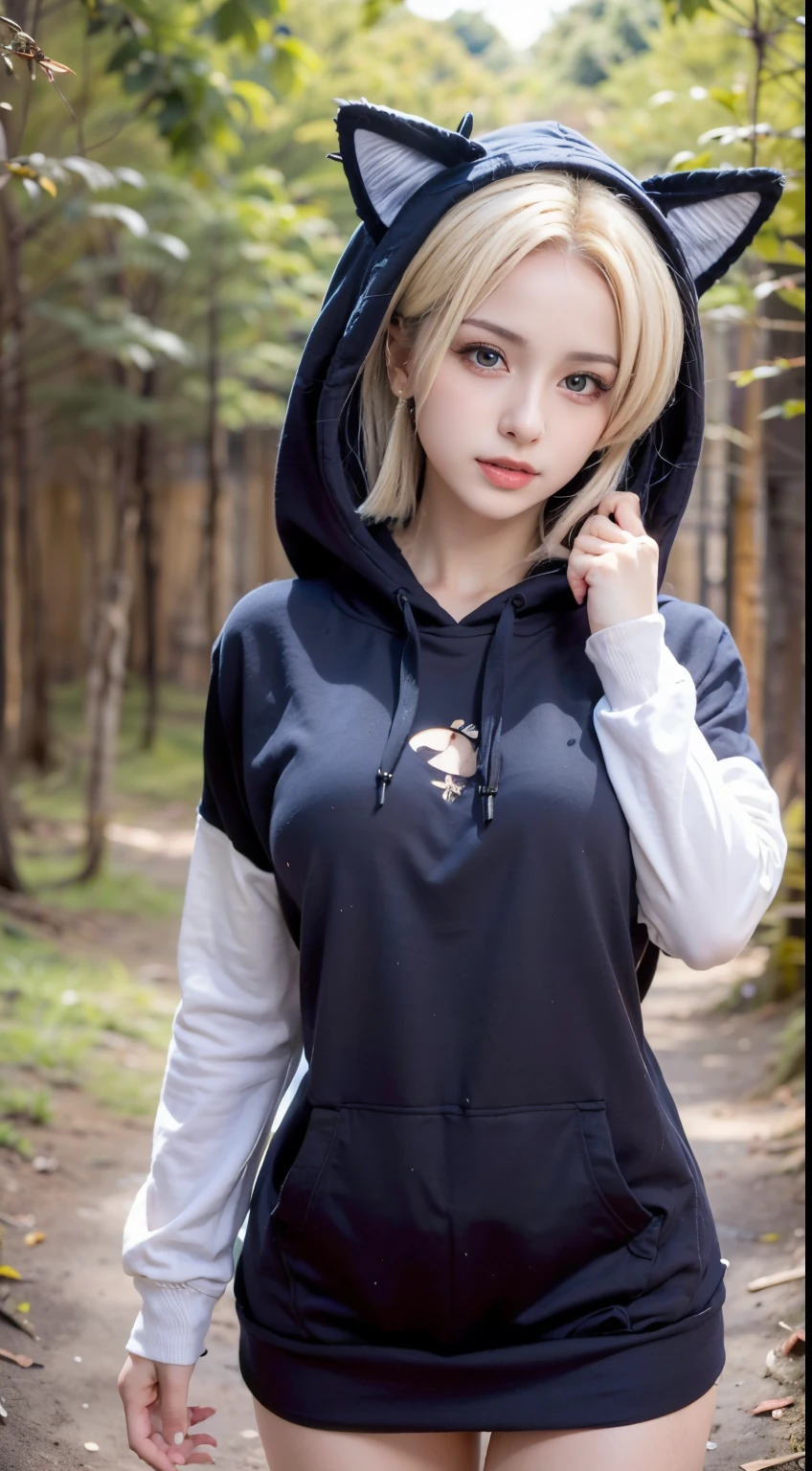 a woman, (wearing oversized_hoodie, cat_ears_hood:1.3),
good hand,4k, high-res, masterpiece, best quality, head:1.3,((Hasselblad photography)), finely detailed skin, sharp focus, (cinematic lighting), soft lighting, dynamic angle, [:(detailed face:1.2):0.2], medium breasts,(((inside a forest))),