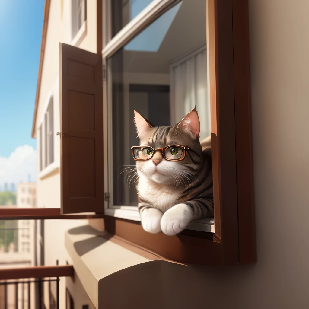 A cat wearing glasses, a window, a balcony
