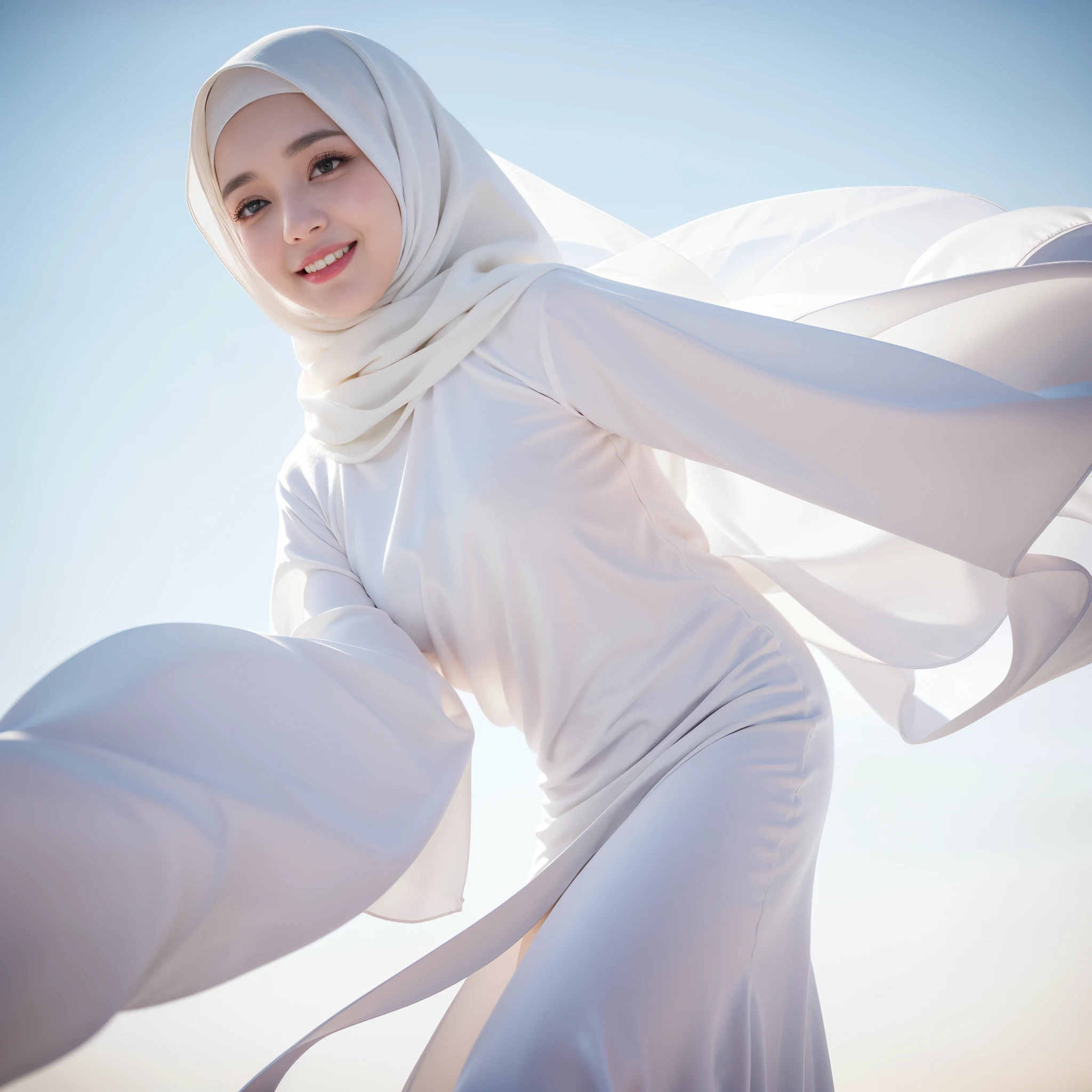 Hijab, white hijab, full body, light smile, ear blush, fang, Surrealism, drop shadow, anaglyph, stereogram, tachi-e, pov, atmospheric perspective, 8k, super detail, ccurate, best quality,White dress with long sleeves, cinematography,backgruond Black
