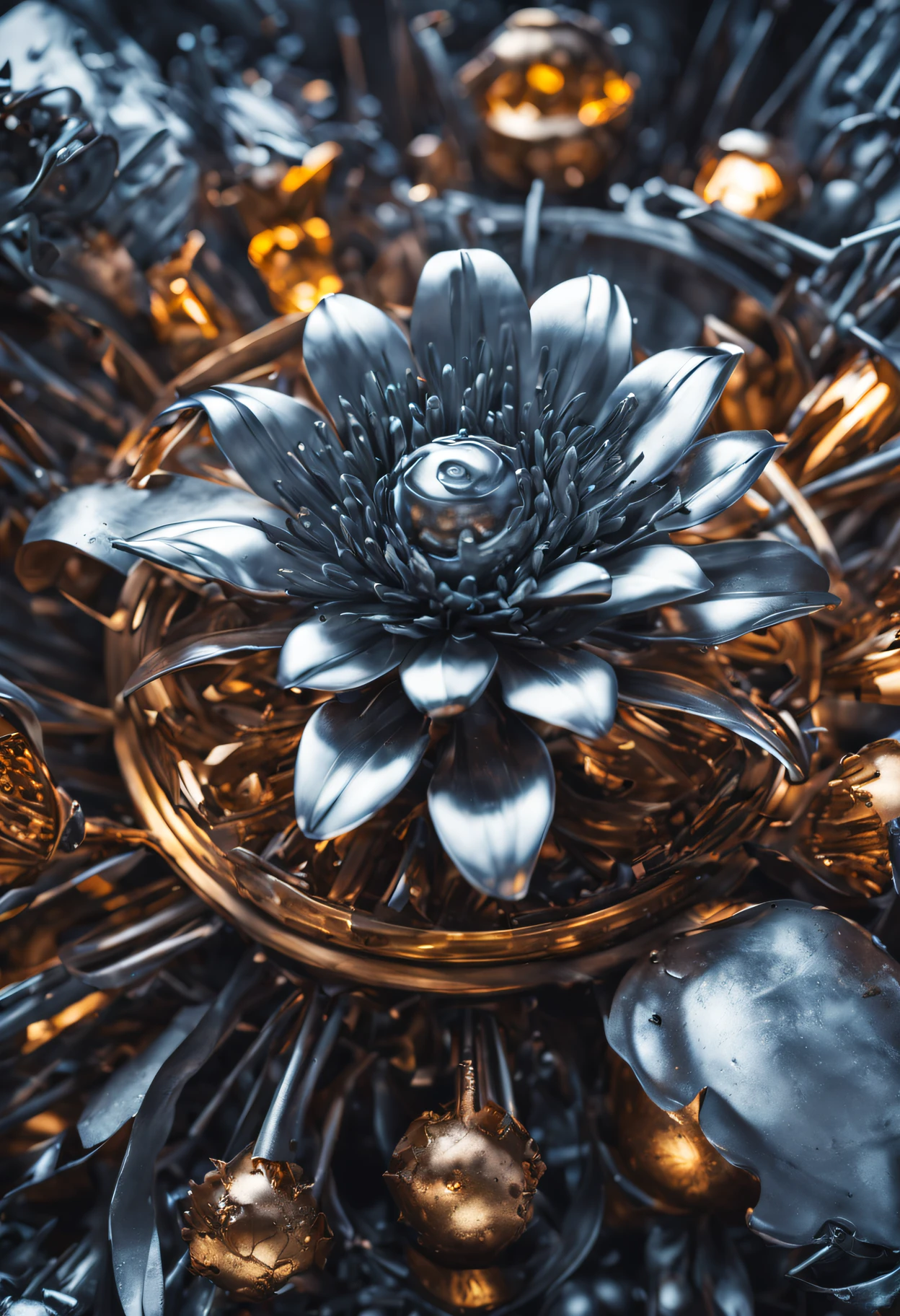 masterpiece, highly detailed, photography, RAW photo, focus shot, instagram able, (metallic flower:1.4) blooming in area full of metallic junk, dystopian theme, steel graveyard background, volumetric lighting, cold color, epic composition, epic proportion, HDR,
