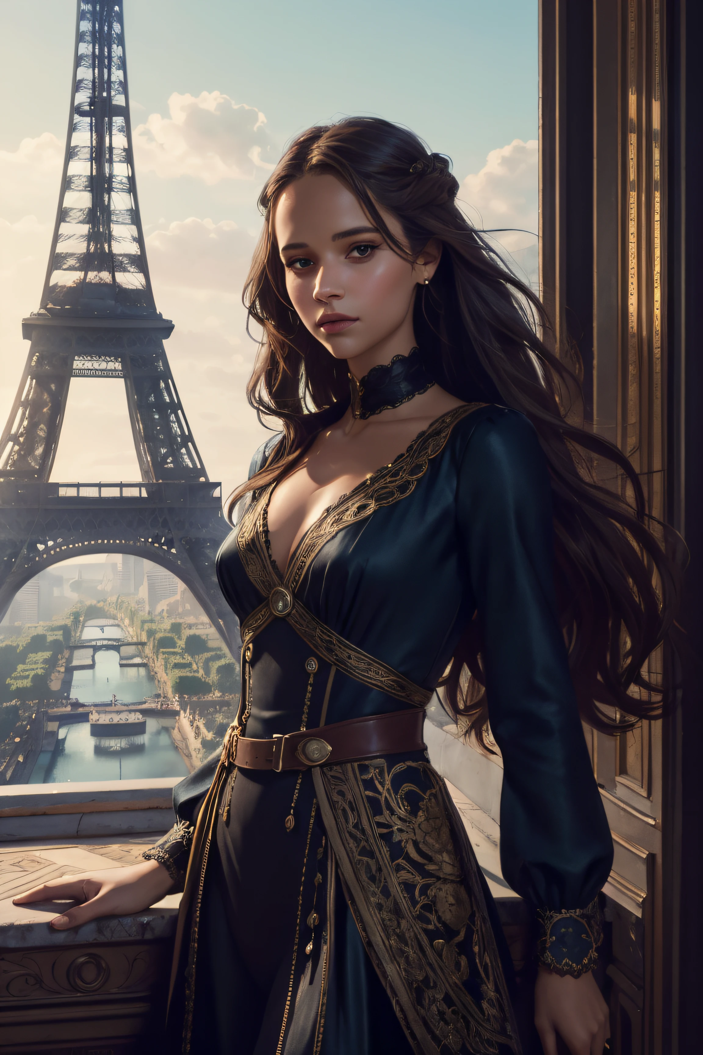 Alicia Vikander, sexy clothes, stand in the background of the Eiffel Tower, character portrait, 4 9 9 0 s, long hair, intricate, elegant, highly detailed, digital painting, artstation, concept art, smooth, sharp focus, illustration, art by wlop, charlie bowater and alexandra fomina