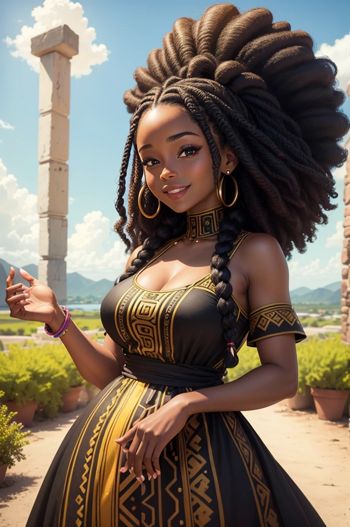 Artist's depiction of a black woman with radiant skin and a warm smile, sporting a long braided Afro hairstyle. She is wearing a vibrant black dress that reflects her culture and personality. The surrounding setting is a square, with elements that highlight the beauty and diversity