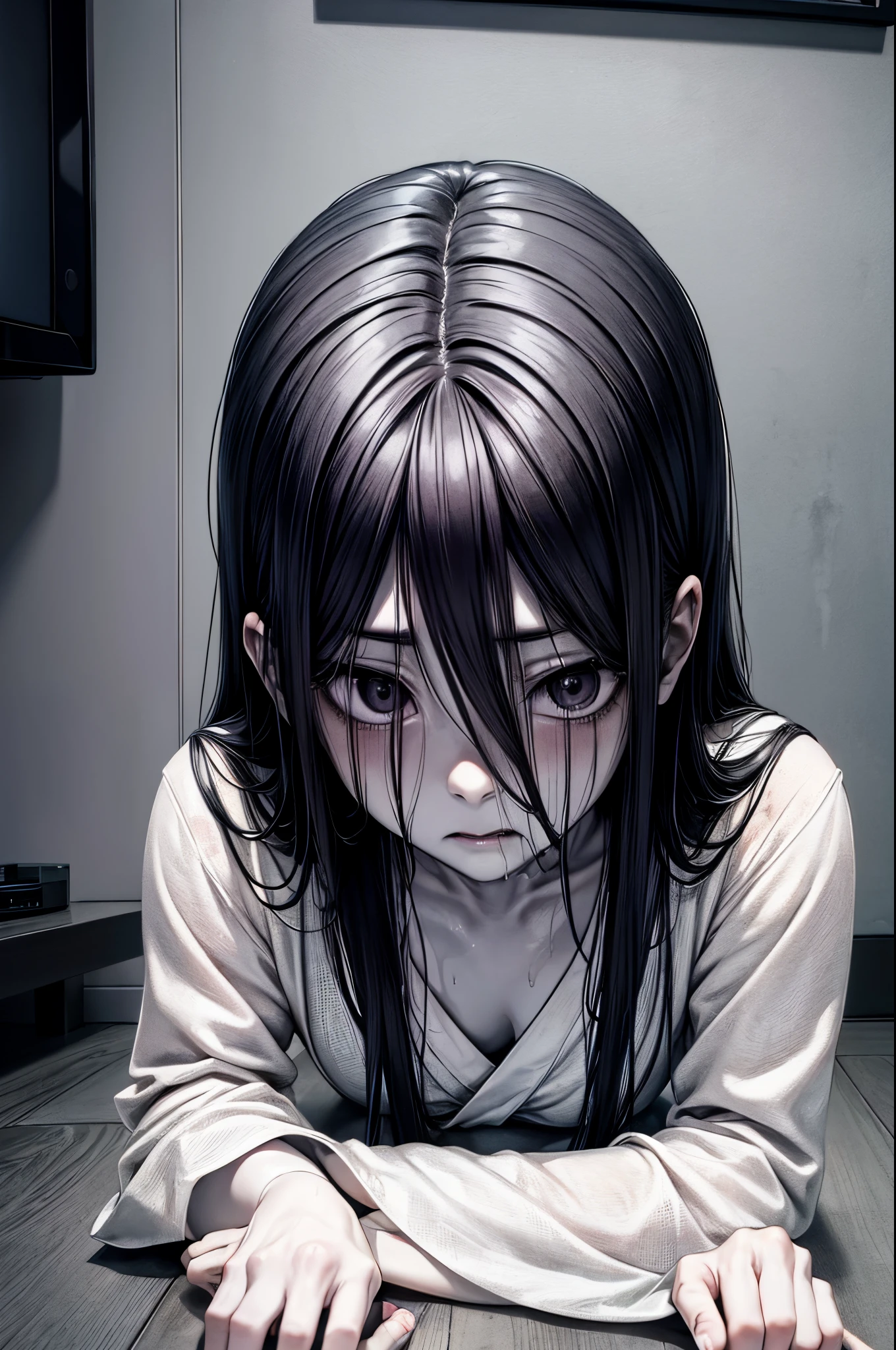 Sadako, soaking, wet robe, gray colored skin, Hair covers the face, sexy for.Sadako crawled out of the TV，A woman lying on the floor in front of the TV, japanese horror, style of hajime isayama, japanese horror movie footage, Junji Ito 4K, japanese pop surrealism