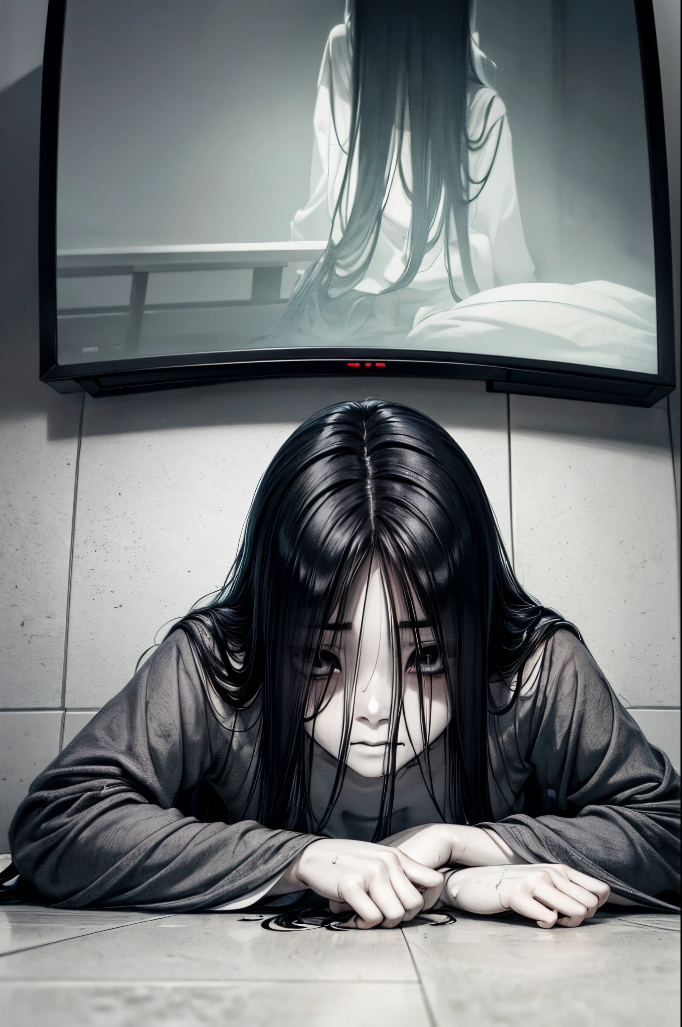 Sadako, soaking, wet robe, gray colored skin, Hair covers the face, sexy for.Sadako crawled out of the TV，A woman lying on the floor in front of the TV, japanese horror, style of hajime isayama, japanese horror movie footage, Junji Ito 4K, japanese pop surrealism