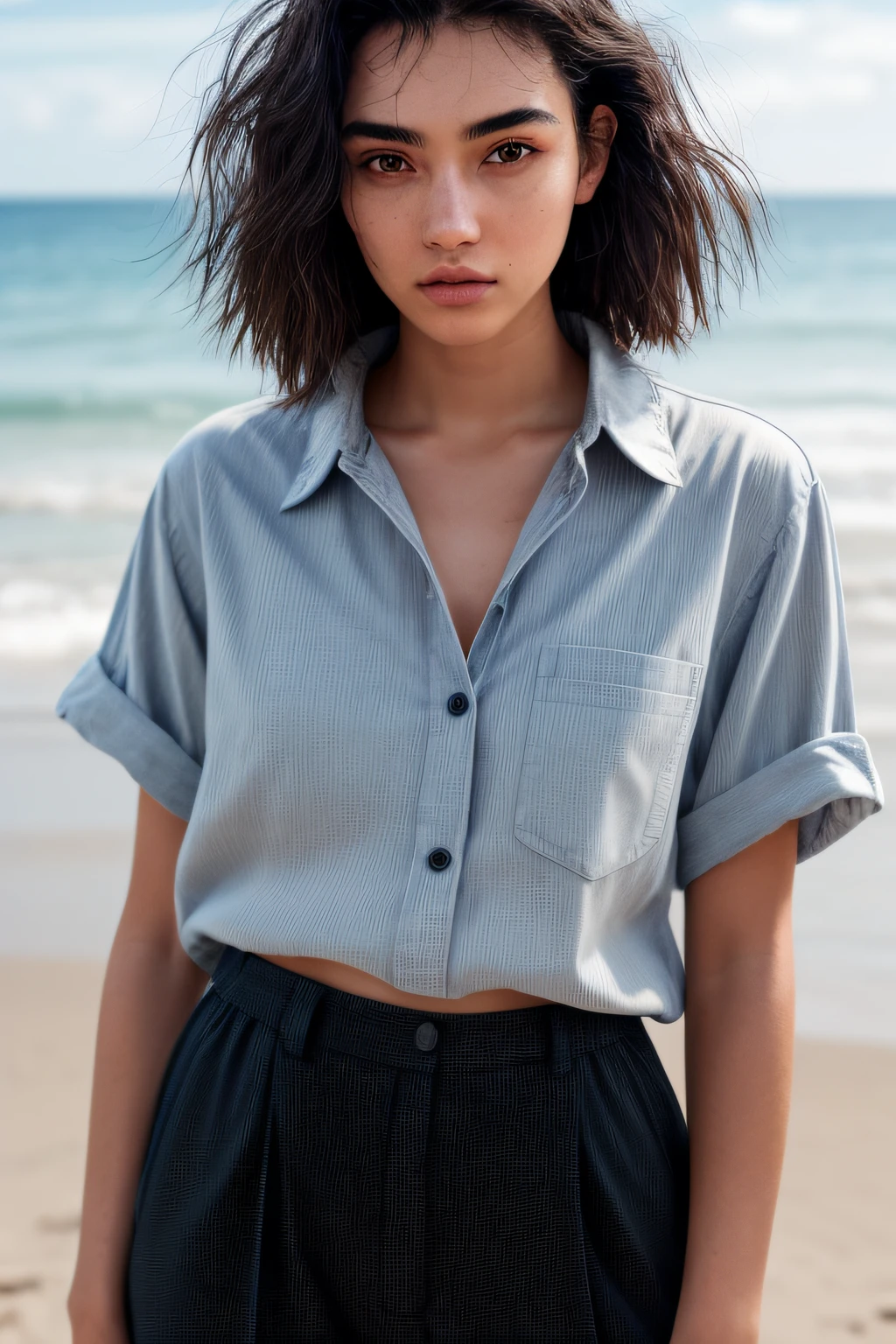 a photo of a seductive 18 year girl with loose styled blackhead hair, posing in a beach, bored, she is wearing Button-up Shirt and Trousers, mascara, , (textured skin, skin pores:1.1), (moles:0.8), (imperfect skin:1.1) intricate details, goosebumps, flawless face, (light freckles:0.9), ((photorealistic):1.1), (raw, 8k:1.2), dark, muted colors,
