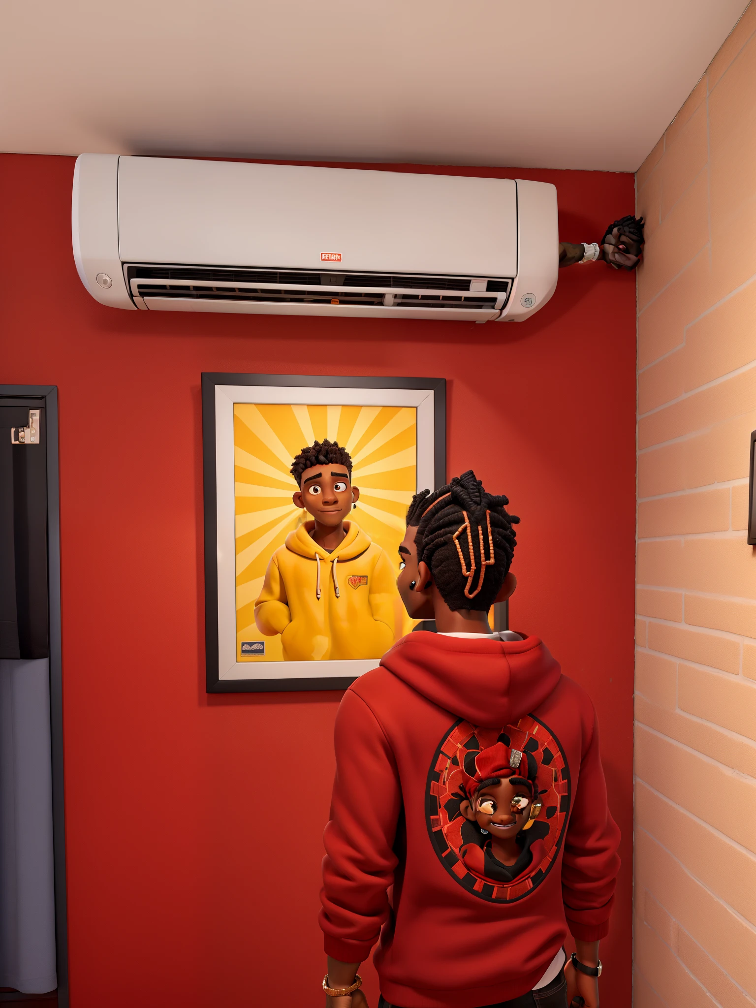 A black handsome guy with twist as his hairstyle and diamond studs as earrings wearing a red hoodie all by himself facing a magnificent work of art hung up against the wall with an air conditioner on top with his back facing the camera. While fucking his girlfriend