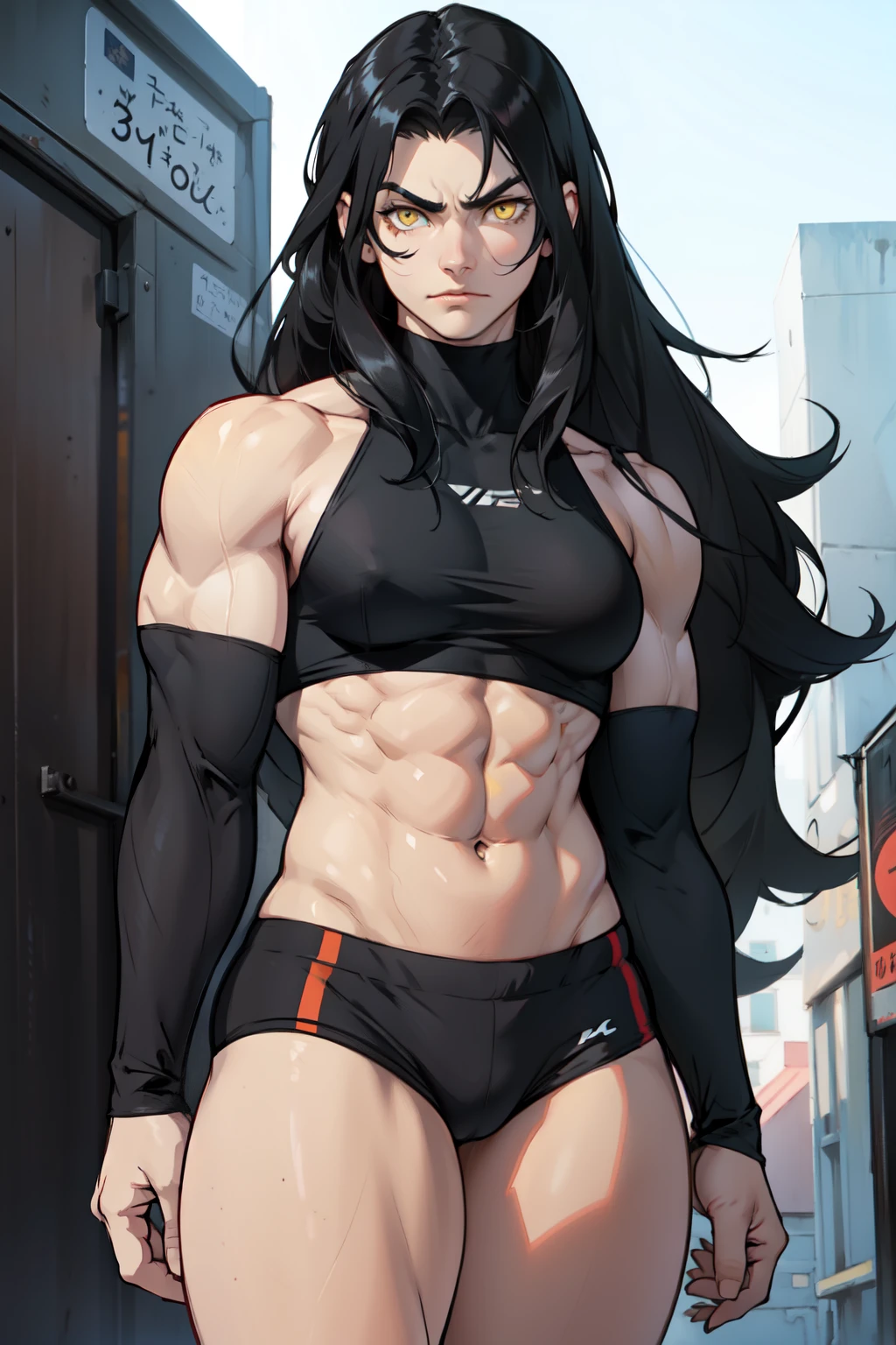 ((((muscular girl)))) pale skin black hair long hair frowning yellow eyes