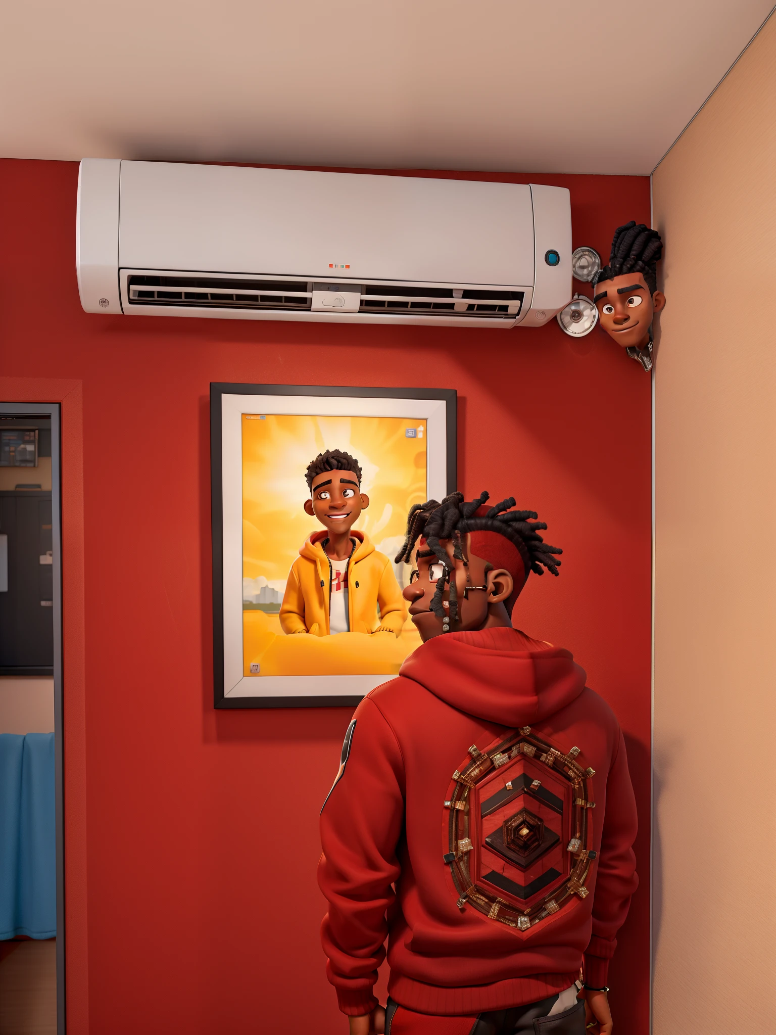 A black handsome guy with twist as his hairstyle and diamond studs as earrings wearing a red hoodie all by himself facing a magnificent work of art hung up against the wall with an air conditioner on top with his back facing the camera. While fucking his girlfriend