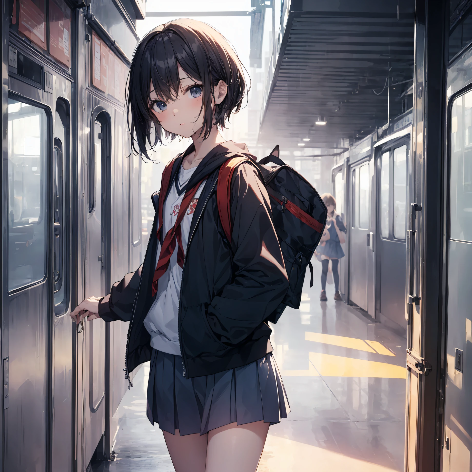 top quality, anime moe artstyle,best anime 4k konachan wallpaper,badass anime 8 k,perfect anatomy, (Please draw a girl walking sleepily to school. :1.3),break, 1girl, (Solo,Loli,child,13-year-old:1.5),a junior high school student, androgynous charm, (Very Short hair), Full limbs, complete fingers,flat chest, Small butt, groin, Small eyes,beatiful detailed eyes,Beautiful detailed lips, disgusted eyes, school Uniform, in the School commute route. break,ultra-detailed,high resolution,extremely detailed CG,unity 8k wallpaper, by famous artist, super detailed skin, cinematic lighting,