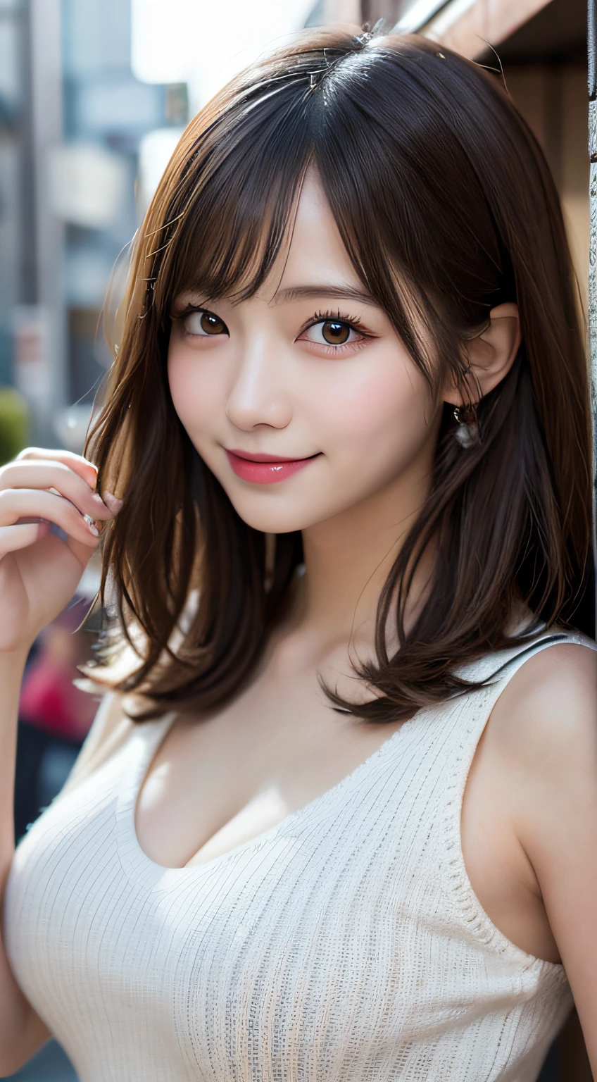 masutepiece, Best Quality, Illustration, Ultra-detailed, finedetail, hight resolution, 8K Wallpaper, Perfect dynamic composition, Smile,Harajuku、20 years girl、Cute、detailed eyes looking at camera,  Natural lips, Red knitted dress , Big breasts, cleavage