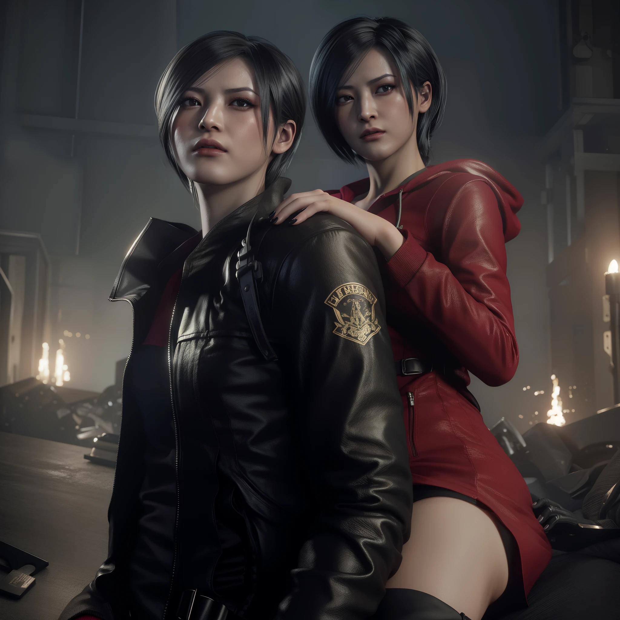 Woman, Ada wong, Glare, wearing mini reddress with hoody, black nails polish, Tired