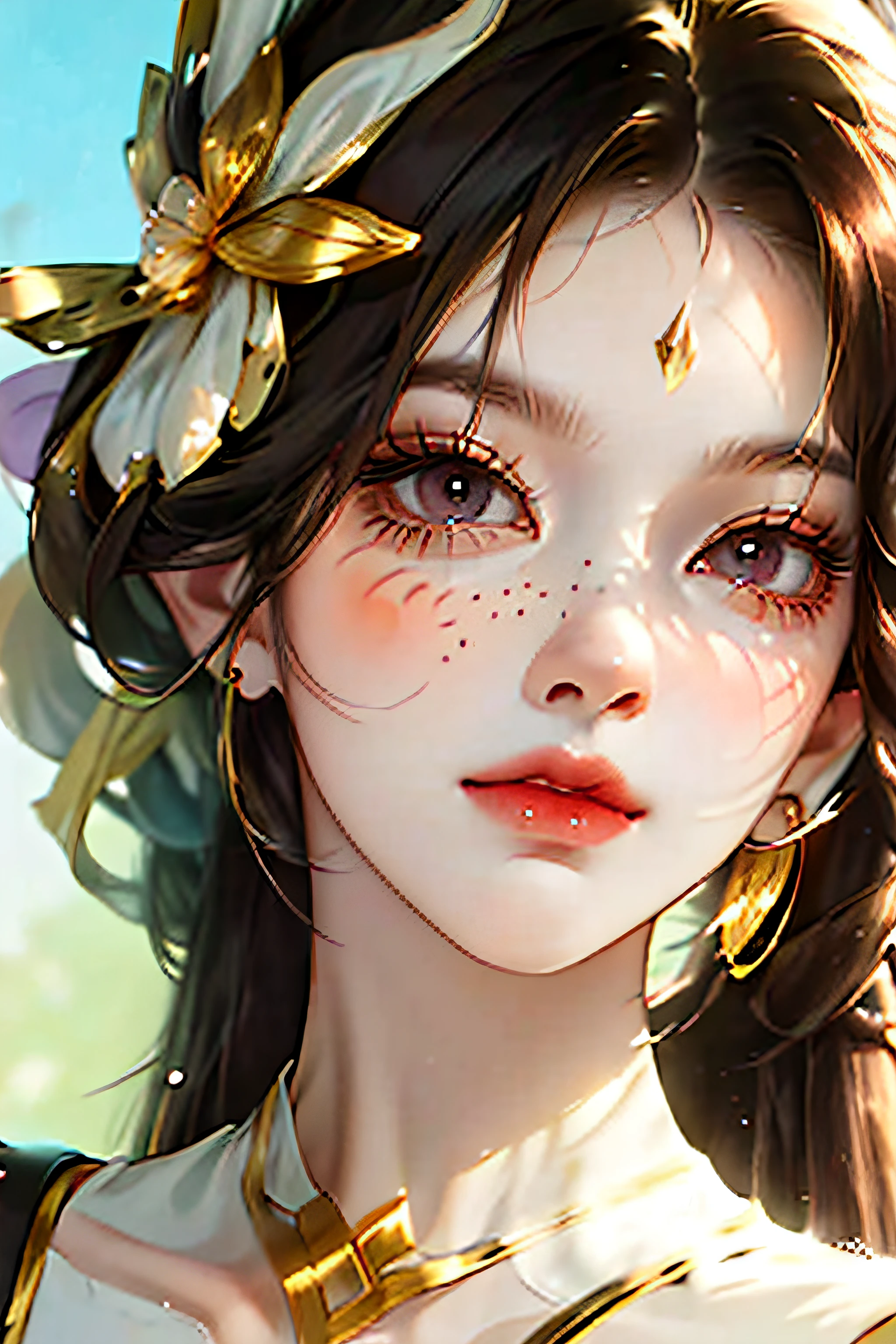 tmasterpiece, Best quality at best, {Best quality at best}, {{tmasterpiece}}, {A high resolution}, focal point, style of anime, Cartoon close-up of a woman, Girl design, sportrait, Gisha, anime image, long whitr hair, brunette color hair, Looking directly at, Hair covers the ears, Polished and powerful look, exotic, tall, freckle, cheerfulness, Classic costumes, Colorful, colours