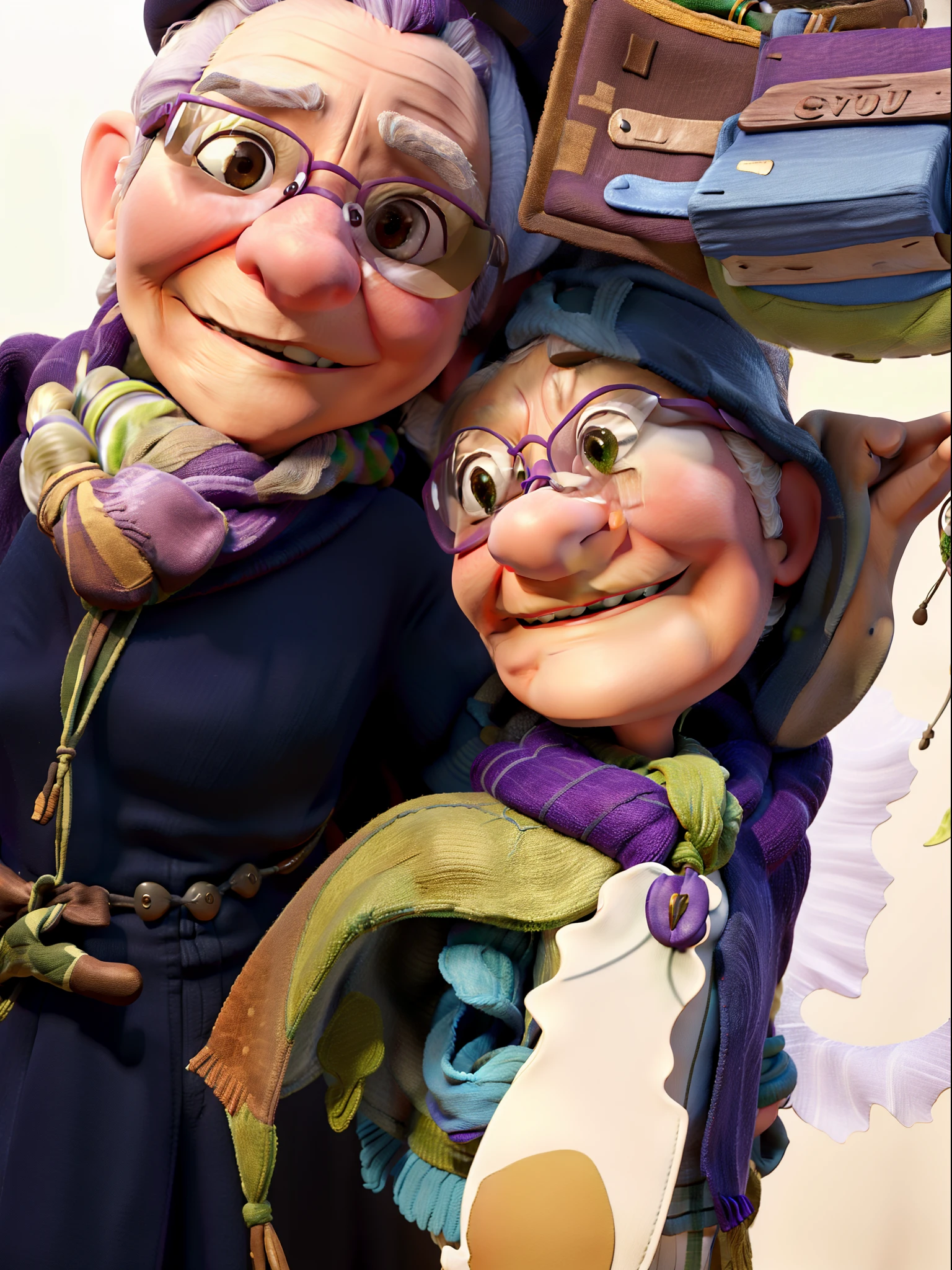 masterpiece, best quality, an old woman with glasses and a scarf on, wearing a purple coat and green scarf, standing at the park