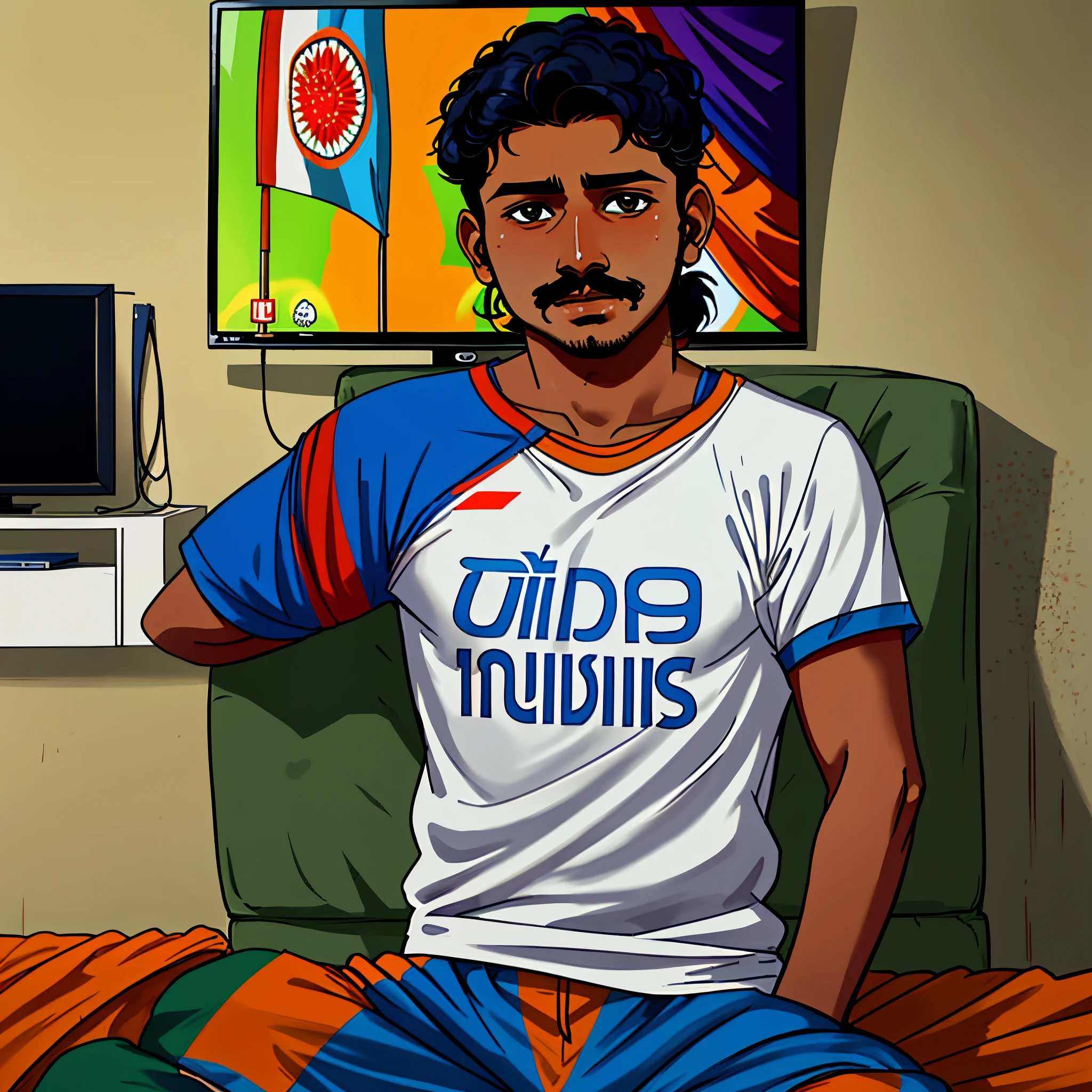 A Indian Cricket Fan wearing Indian Cricket Team T Shirt With Name " Kuldeep " And Watching Match On a Tv.A Indian T Shirt and Indian Flag is Hanging On Wall