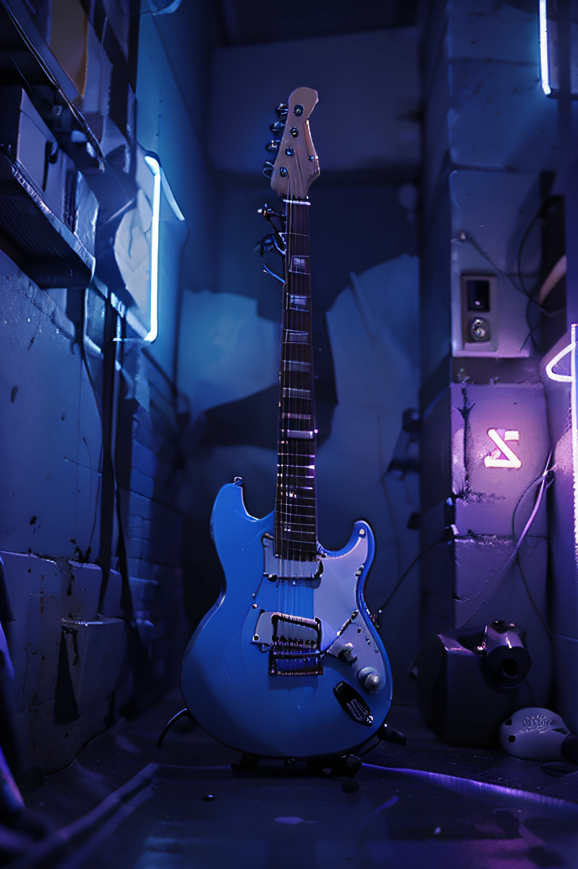 a electric guitar floating with neon lights, blue,red, shinning and realistic