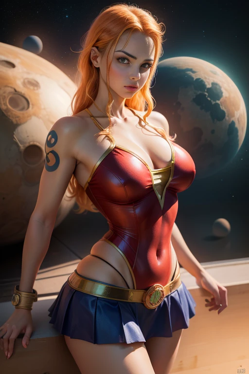 ((best quality)) ((Ultra Detalhado)) ((foto do corpo inteiro)) ((com da roupa da supergirl)) ((rosto detalhado)) ((blue swimsuit with short red skirt)), ((big tits)) ((cabelo longo laranja)) ((cabelo longo sedoso)) ((nami one piece)) ((corpo atletico)) ((olhos atraentes)) ((sharp eyes)) ((corpo magro)) ((High-resolution shadows)) ((cores atrativas)) ((pulseiras de ouro)) , Apertado ,capa vermelha, symbol of superman, sombras claras, Pose sexy, in space with the planets behind.