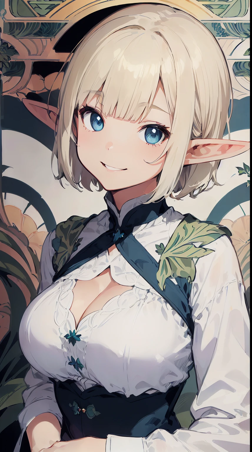 ((Elf Woman)), ((white Blonde, Blunt Bangs, Pixie cut)), ((White Blouse)), blue Eyes, Tilting Head, Smiling, ((Canting (with cheeks)), ((Art Nouveau background)), Upper Body, big breast. By Yusuke Murata.