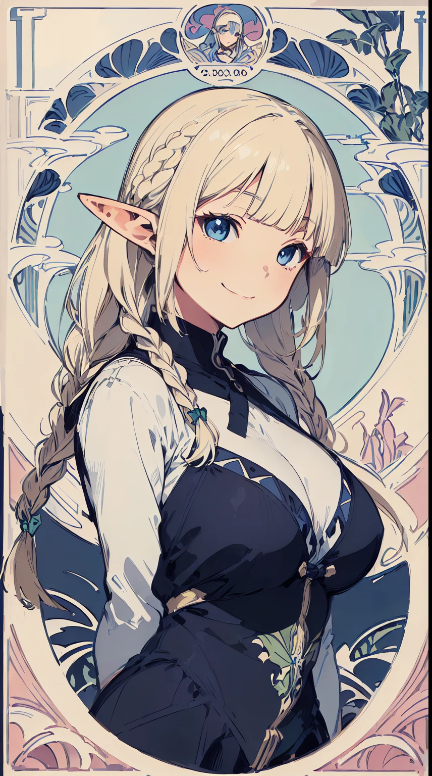 ((Elf Woman)), ((white Blonde, Blunt Bangs, twin Braid s)), ((White Blouse)), blue Eyes, squinting, Tilting Head, Smiling, ((Canting (with cheeks)), ((Art Nouveau background)), Upper Body, big breast. By Yusuke Murata.