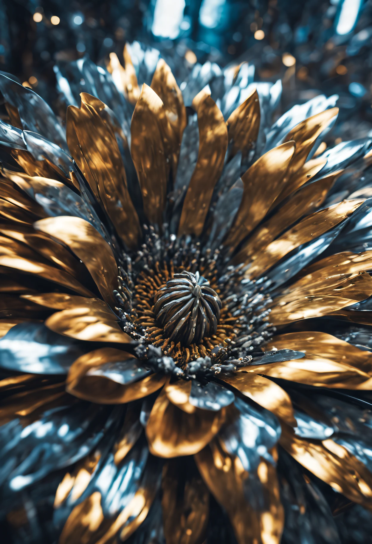 masterpiece, highly detailed, photography, RAW photo, focus shot, instagram able, (metallic flower:1.4) blooming in area full of metallic junk, dystopian theme, steel graveyard background, volumetric lighting, cold color, epic composition, epic proportion, HDR,