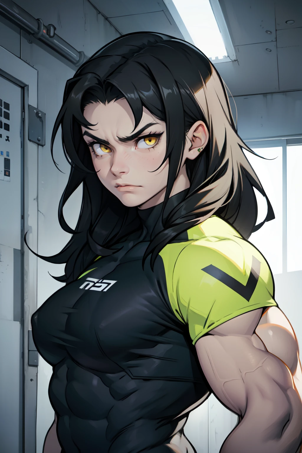 (((muscular girl))) pale skin black hair long hair frowning yellow eyes