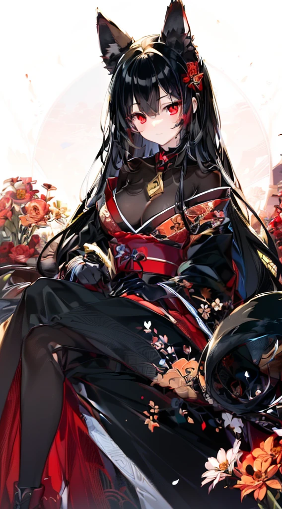 (extremely detailed CG unity 8k wallpaper), (((ultra-detailed))), ((extremely detailed)), (((intricate details))), (((best illustration))), best illumination, ((extremely delicate and beautiful)), ((an extremely delicate and beautiful girl)), colorful, manjusaka, red flower field, (((colorful flowers))), ((solo:1.9)), ((fox girl)), (Black and red Kitsune with long black hair with fox ears and fox tail), (black fox ears:1.4), (red fox ears:1.6), (black single fox tail:1.7) (red fox tip tail:1.3), ((finely detailed beautiful eyes and detailed face)), sad expression, melancholic smile, long hair, (((black hair))), (red eyes:1.9), beautiful detailed eyes, mature female, gentle, slender, medium breast, (Black and red sexy elegant kimono dress:1.3), (medium height black boots:1), ((black choker with red pendent:1)), manjusaka birthmark on neck, sitting, bishoujo, 19 years old,