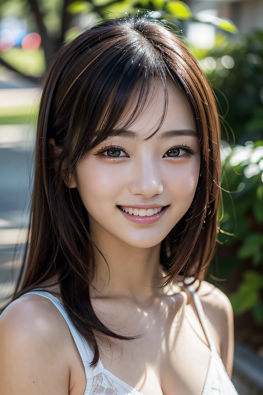 A close up of a woman with a white top and brown hair seaart ai