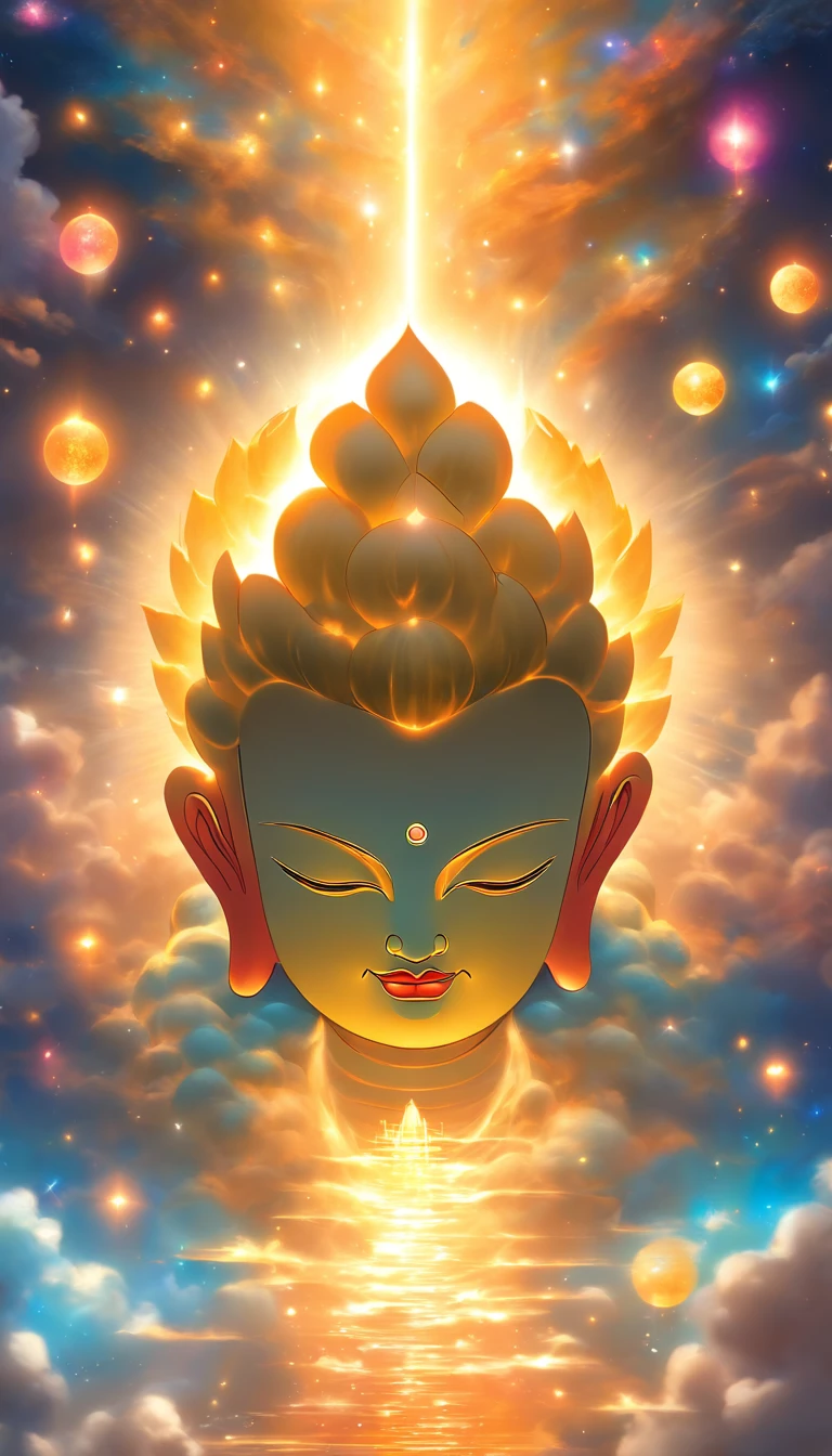 (Best quality,4K,8K,A high resolution,tmasterpiece:1.2),ultra - detailed,(actual,realistically,realistically:1.37),Transparent Buddha Head,cosmic soil,Yellow Planet,glowing effect, OC Render,Translucent material,Spacious size,Ethereal atmosphere,divine being,Celestial perspective,extraordinary lighting,Holographic temptation,Powerful energy,Vibrant colors,Detailed features,Macroscopic view,sublime beauty,Glowing balls,Space lighting,Hypnotic Aura,harmonious balance,transcendent experience,Astral landscape,Surrealist depictions,Spectacular visual impact,Extraordinary artistry,Sacred symbolism,majesty of the universe,Fascinating celestial art,Spiritual awakening,luminance,tranquil ambiance,every detail is sacred,A connection beyond the universe,Extraordinary realism,The birth of the universe is incredible,first-class artistic level,huge spiritual energy,sacred tranquility,otherworldly glow,delicate craftsmanship,cosmic revelation.Avalokiteshvara