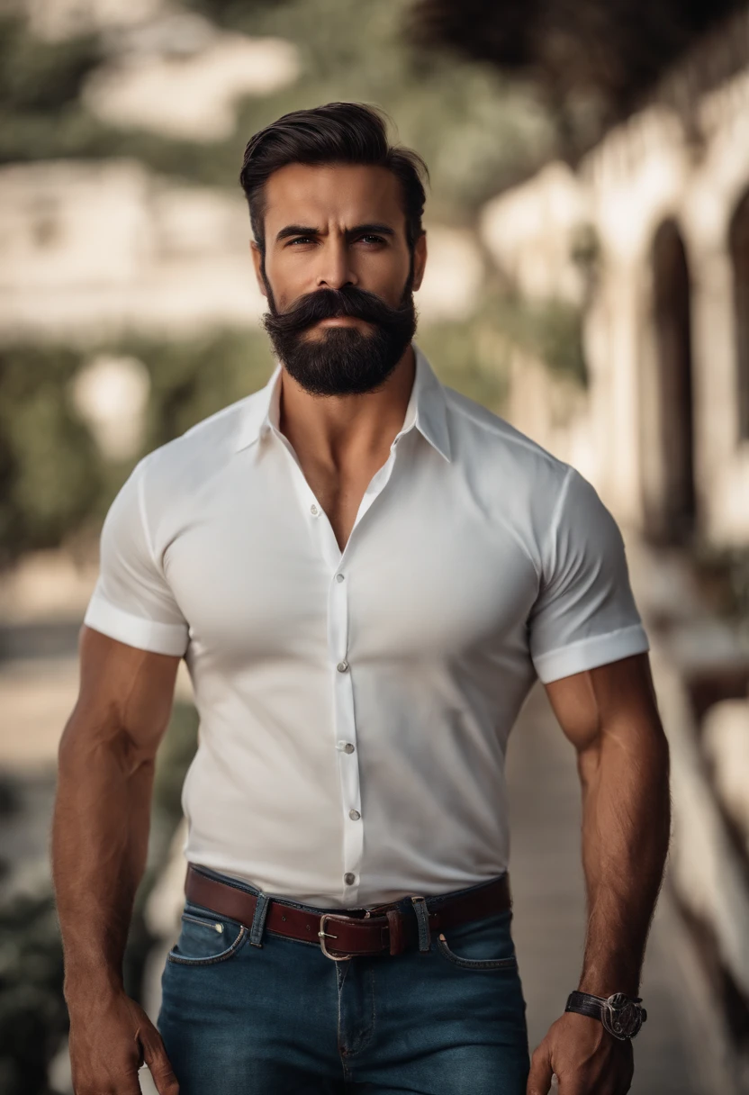 Muscular Brazilian man with beard and mustache in white shirt, La mejor calidad,4k,8k,Hombre muy atractivo con barba, Vello facial bien cuidado, Pescador, Impresionante, realista, Imagen ultrarrealista, Bigote natural, Hombre viejo,foto retrato suave 8 k, Retrato muy detallado, Bigote grueso, Estilo hiperrealista, Barba fina y brillante, vello facial corto, Bartstoppeln, Pescador, cara detallada, Retrato ultra realista, cabello canoso,Terno Elegante, boca abierta,