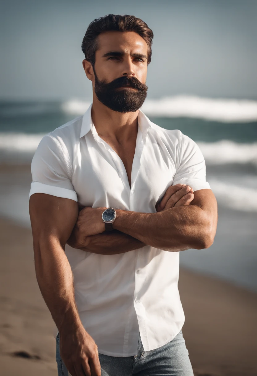 Muscular Brazilian man with beard and mustache in white shirt, La mejor calidad,4k,8k,Hombre muy atractivo con barba, Vello facial bien cuidado, Pescador, Impresionante, realista, Imagen ultrarrealista, Bigote natural, Hombre viejo,foto retrato suave 8 k, Retrato muy detallado, Bigote grueso, Estilo hiperrealista, Barba fina y brillante, vello facial corto, Bartstoppeln, Pescador, cara detallada, Retrato ultra realista, cabello canoso,Terno Elegante, boca abierta,