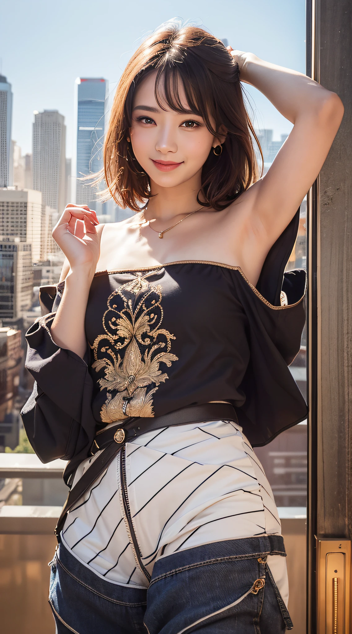 1girl, (looking at viewer),  (bokeh:1.1), closed mouth,light smile, realistic, arm up, off shoulder,
pants, skyline,
best quality, (photorealistic:1.4), ultra highres,