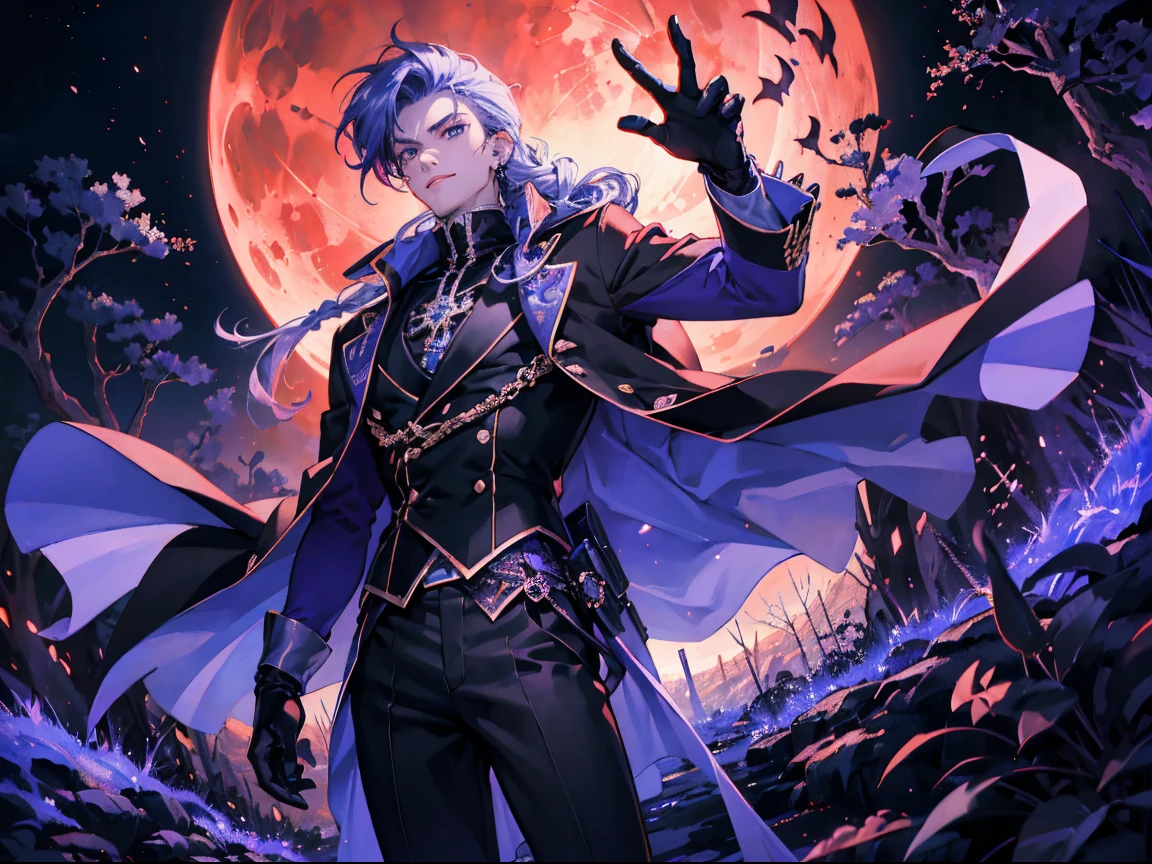 anime style, bold lines, pastel painting, a male vampire with long spiky purple hair braided behind him in a black and purple fantasy victorian suit with his arms spread wide in pride as he steps out from the moonlight toward the viewer, malicious evil smile, blood moon background, masterpiece, intricate details, fantasy forest background, dynamic angle, 1980 1990 anime retro nostalgia, masterpiece --ar 16:9 --s 90 --style expressive --niji 5