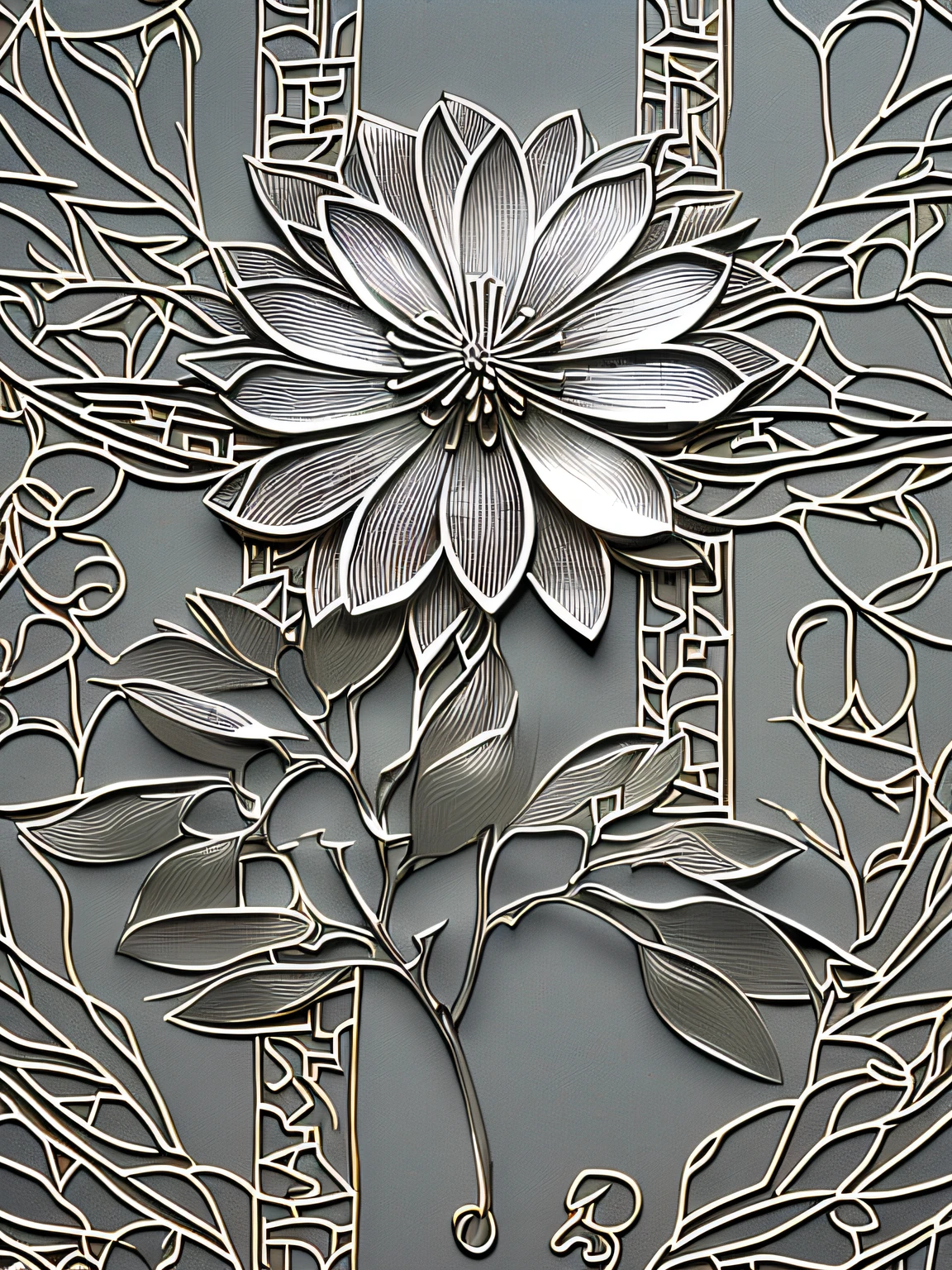 (a delicate metal flower,intertwined vines and petals:1.1,enigmatic floral patterns,finely engraved petals resembling circuit patterns, intricate design,"photography,macro lens (100mm)",f/2.8)
