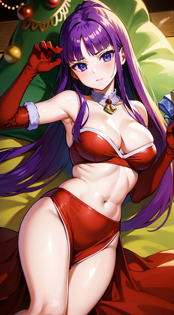 masterpiece, best quality, 1 solo girl, purple hair, purple eyes, long hair, wavy hair, Christmas ornaments, medium breasts, mature body and face, red santa dress, christmas, christmas light, christmas tree, red gloves, red santa skirt, holding gift, red bra, red panty, leg up, cowboy shots, sexy pose, dakimakura, detailed body, face, and eyes, sharp focus, vibrant, creative, dynamic, high definition, high resolution, 8k, (Upscale: R-ESRGAN 4x+ Anime6B), (Image enchance:4x), voluptuous body, ponytail, hair braid