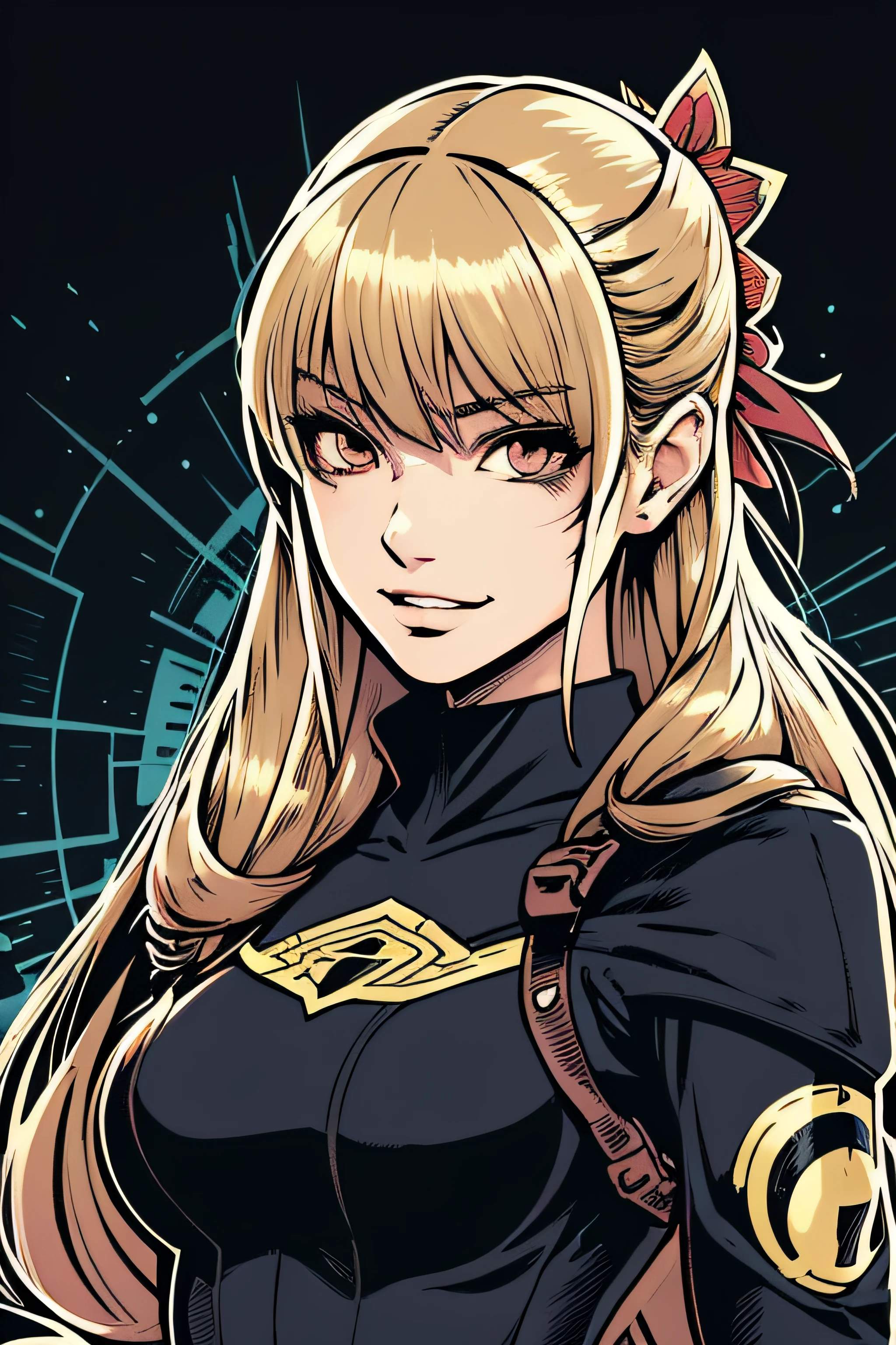 Beautiful Hardcore Illustration homepage illustration style, dark, high resolution, hard touch illustration, strong outline, two girls, hero, hero costume, hero style, 8k, American comic style, colorful background, Hiroyuki Nagasaka, aggressive, beautiful face, cool beauty, beauty style, black color, battle, Hard illustration, blond hear,