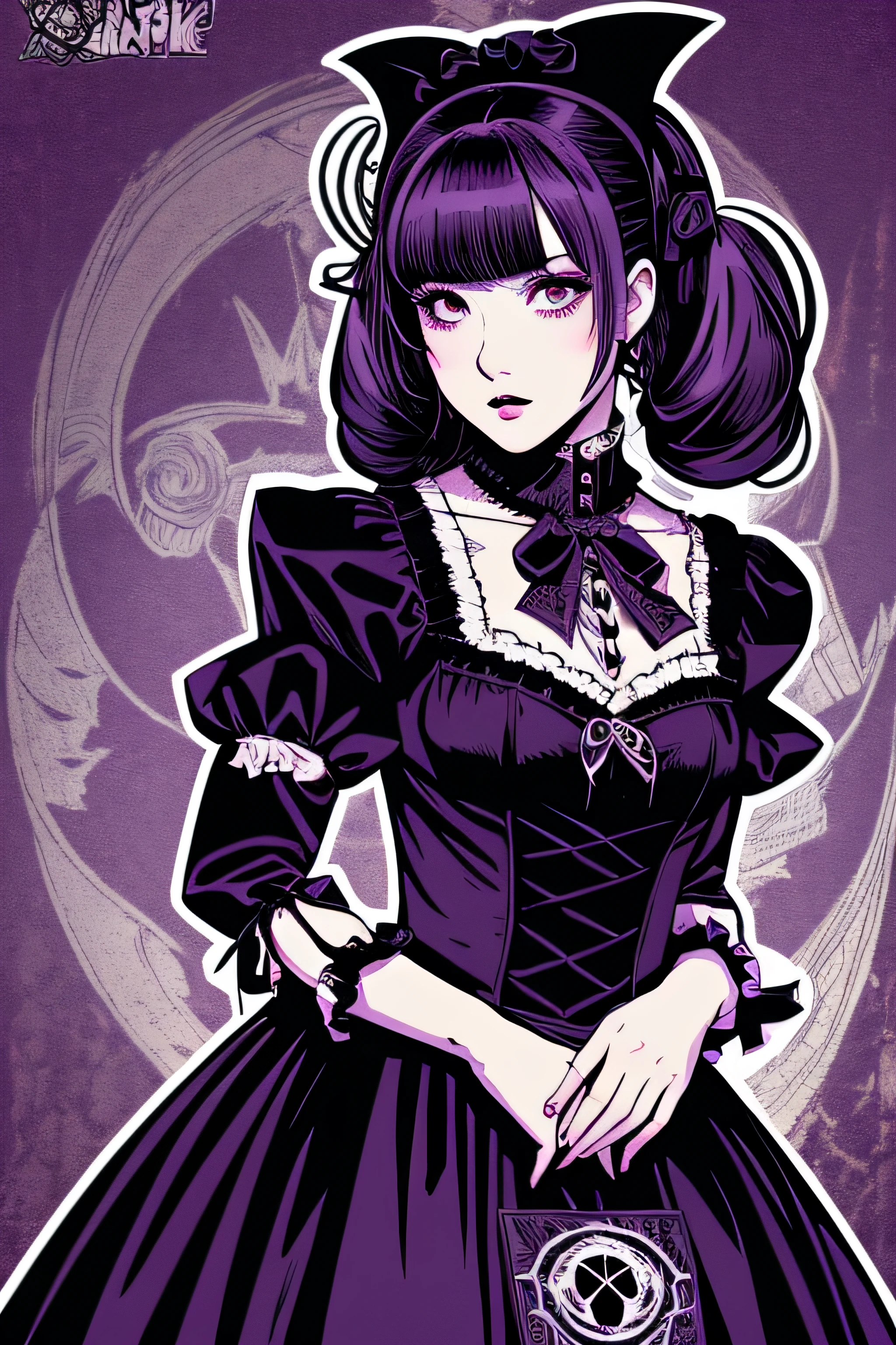 Beautiful Hardcore Illustration homepage illustration style, dark, high resolution, hard touch illustration, strong outline, two girls, gothic & ta style, gothic & loliashion, 8k, American comic style, colorful background, Hiroyuki Nagasaka, aggressive, beautiful face, cool beauty, dress, beauty style, purple color, battle, Hard illustration, purple hear,