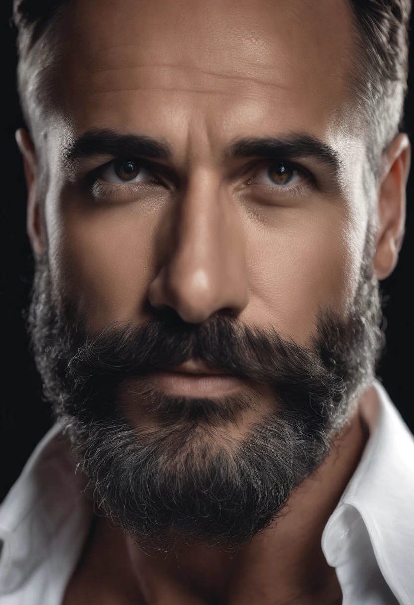 Muscular Brazilian man with beard and mustache in white shirt, La mejor calidad,4k,8k,Hombre muy atractivo con barba, Vello facial bien cuidado, Pescador, Impresionante, realista, Imagen ultrarrealista, Bigote natural, Hombre viejo,foto retrato suave 8 k, Retrato muy detallado, Bigote grueso, Estilo hiperrealista, Barba fina y brillante, vello facial corto, Bartstoppeln, Pescador, cara detallada, Retrato ultra realista, cabello canoso,Terno Elegante, boca abierta,