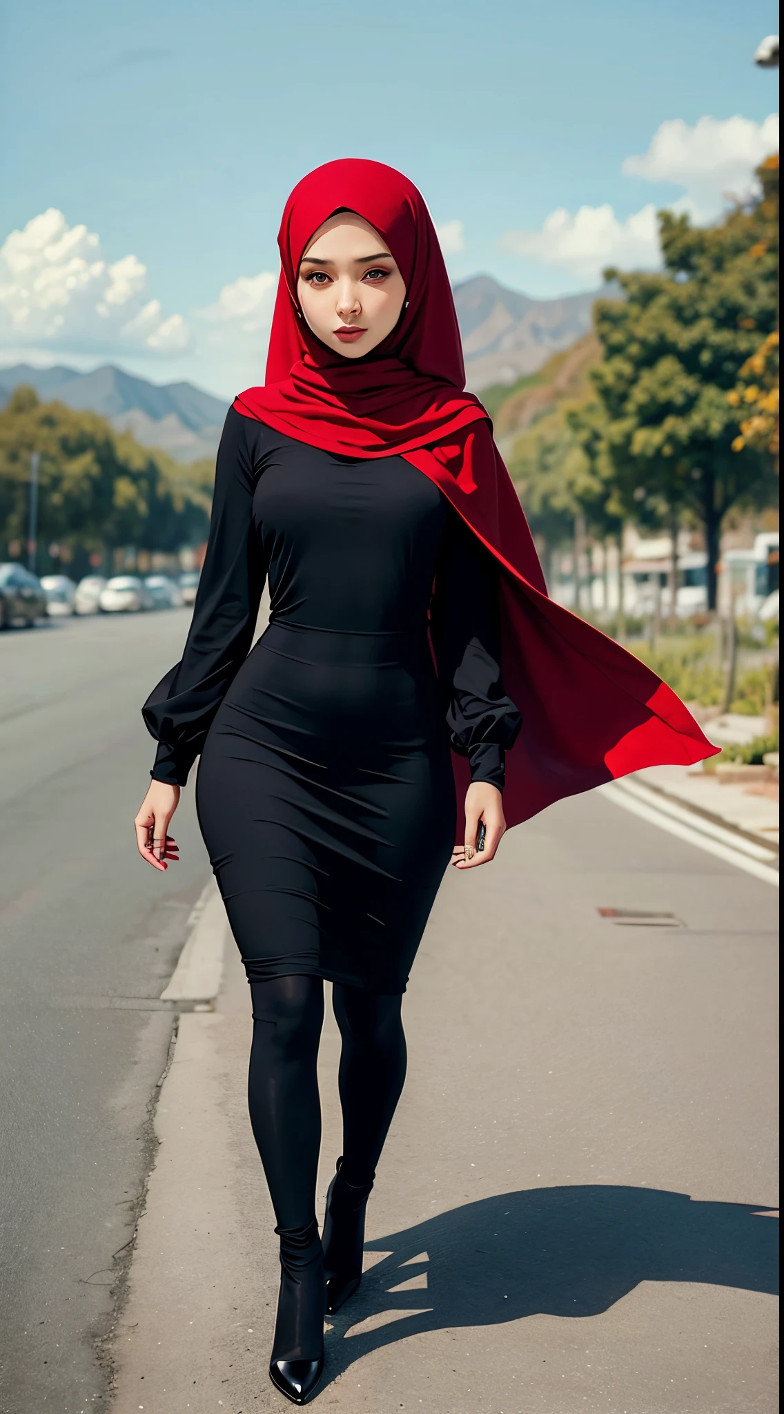 Black hijab girl black dress red hijab