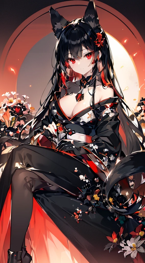 (extremely detailed CG unity 8k wallpaper), (((ultra-detailed))), ((extremely detailed)), (((intricate details))), (((best illustration))), best illumination, ((extremely delicate and beautiful)), ((an extremely delicate and beautiful girl)), colorful, manjusaka, red flower field, (((colorful flowers))), ((solo:1.9)), ((fox girl)), (Black and red Kitsune with long black hair with fox ears and fox tail), (black fox ears:1.4), (red fox ears:1.6), (black single fox tail:1.7) (red fox tip tail:1.3), ((finely detailed beautiful eyes and detailed face)), sad expression, melancholic smile, long hair, (((black hair))), (red eyes:1.9), beautiful detailed eyes, mature female, gentle, slender, medium breast, (Black and red sexy elegant kimono dress:1.3), (medium height black boots:1), ((black choker with red pendent:1)), manjusaka birthmark on neck, sitting, bishoujo, 19 years old,